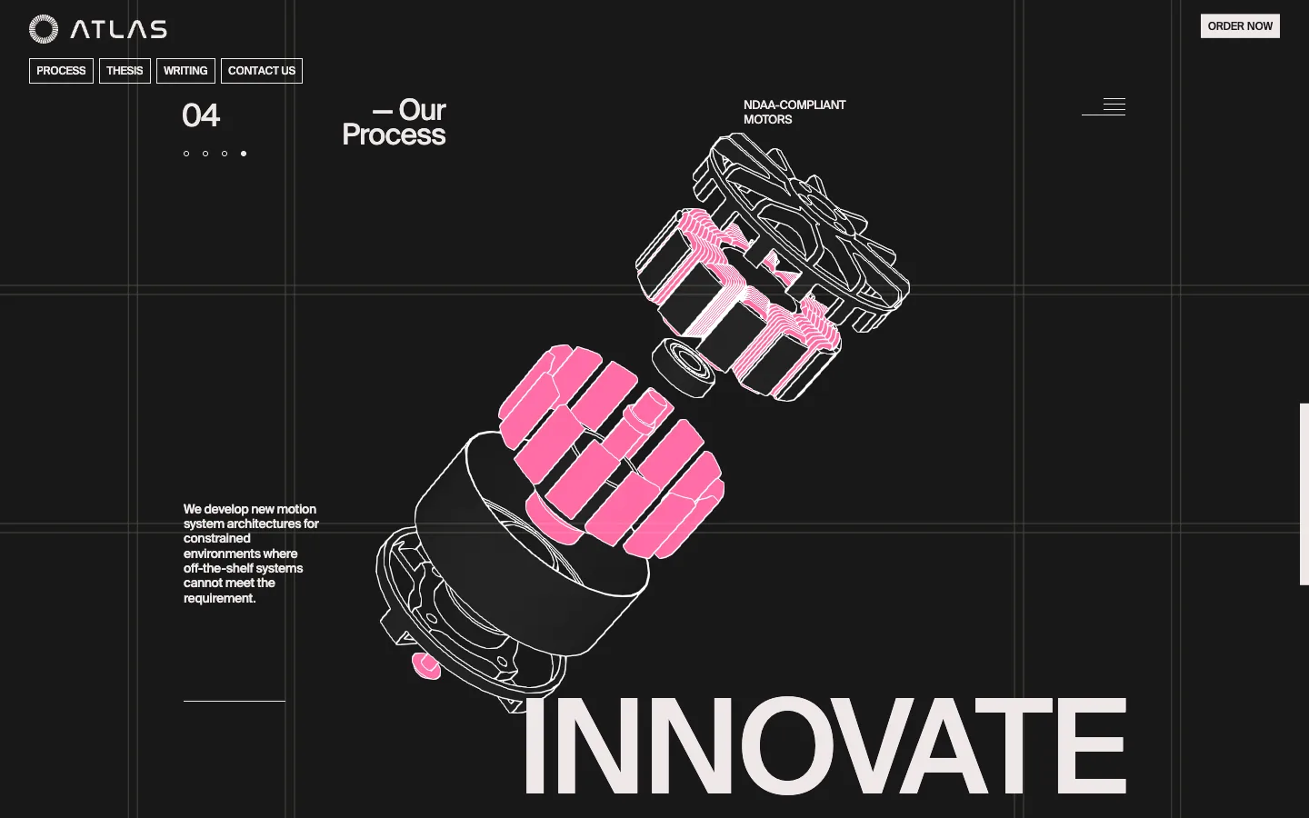 Atlas Motion: a white line drawing of a drone motor exploded into its parts, the stator magnets lit in pink, with the steps Integrate, Evaluate, Manufacture, Innovate