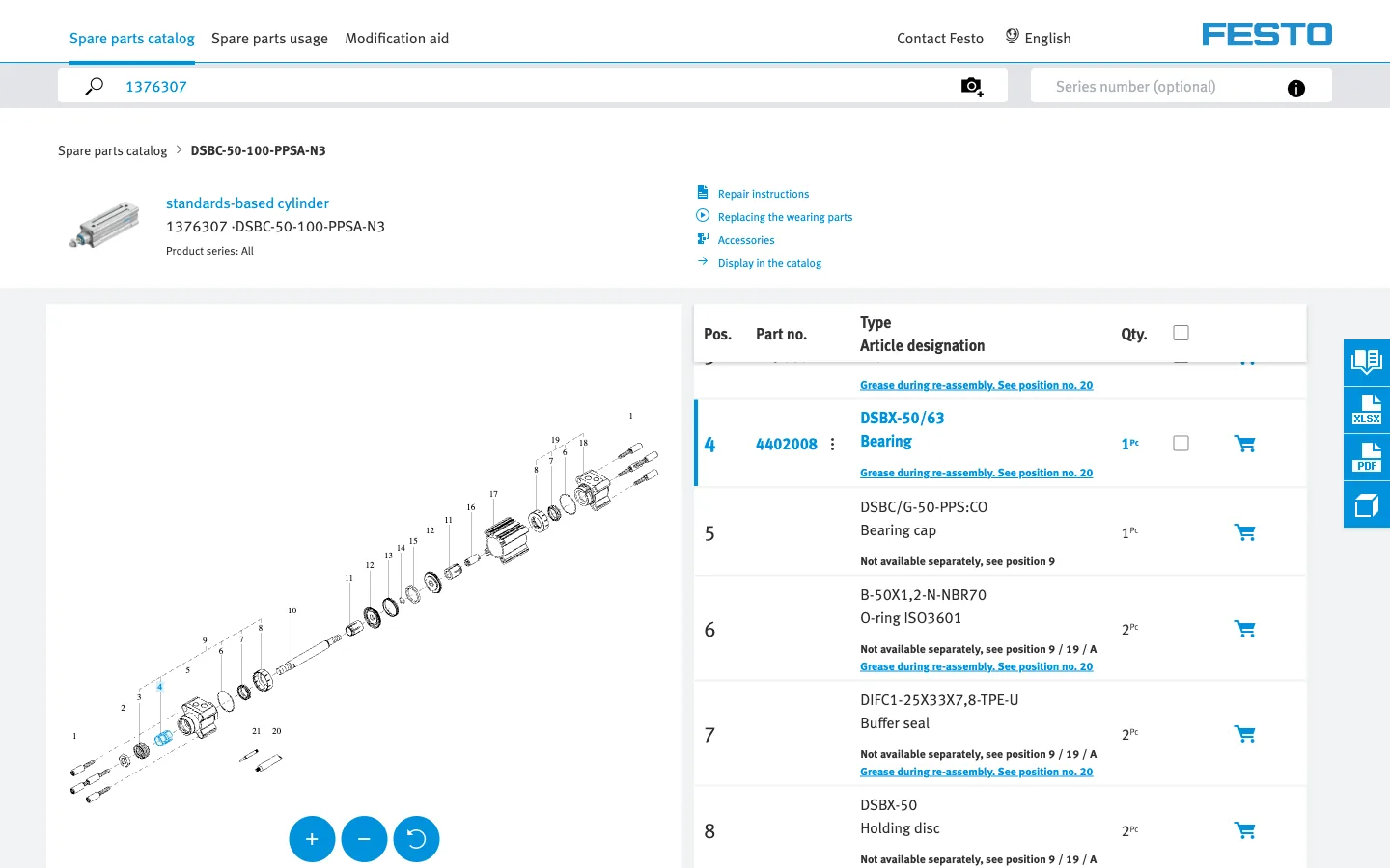 Festo spare parts catalogue: an exploded drawing beside the parts list, one part highlighted in blue, a cart icon on each row