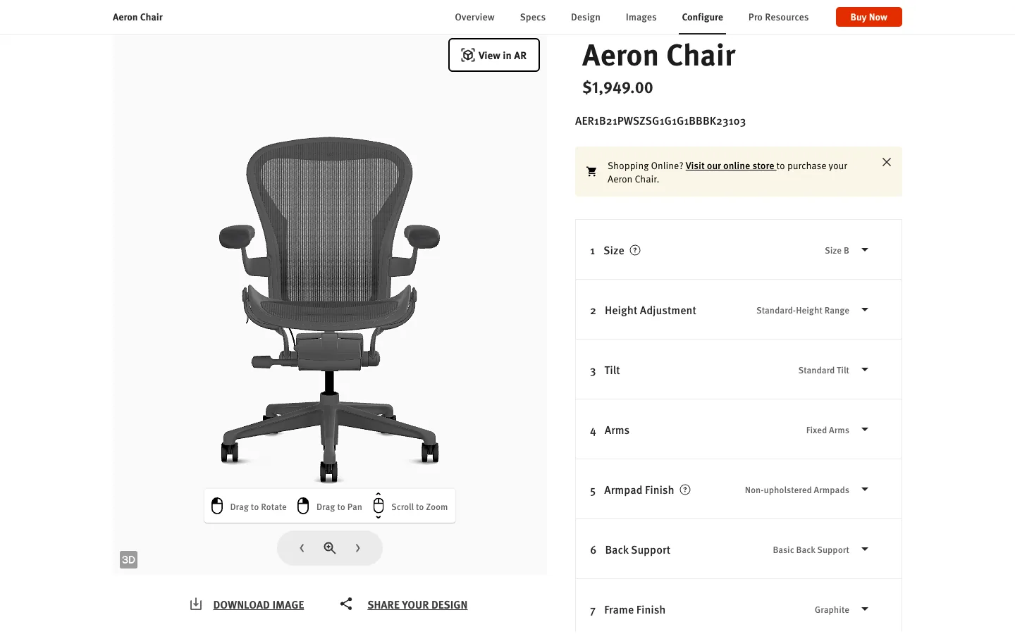 Herman Miller Aeron configurator: the chair in 3D, options with their price differences, a live part number, Download SIF and View in AR