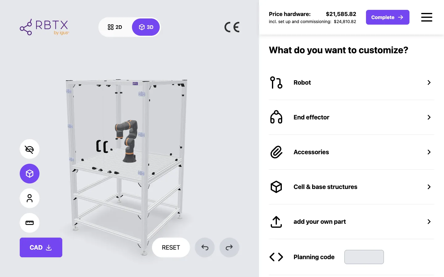 igus RBTX machine planner: a robot cell in 3D with frame, robot arm and gripper, and a running hardware price in the header