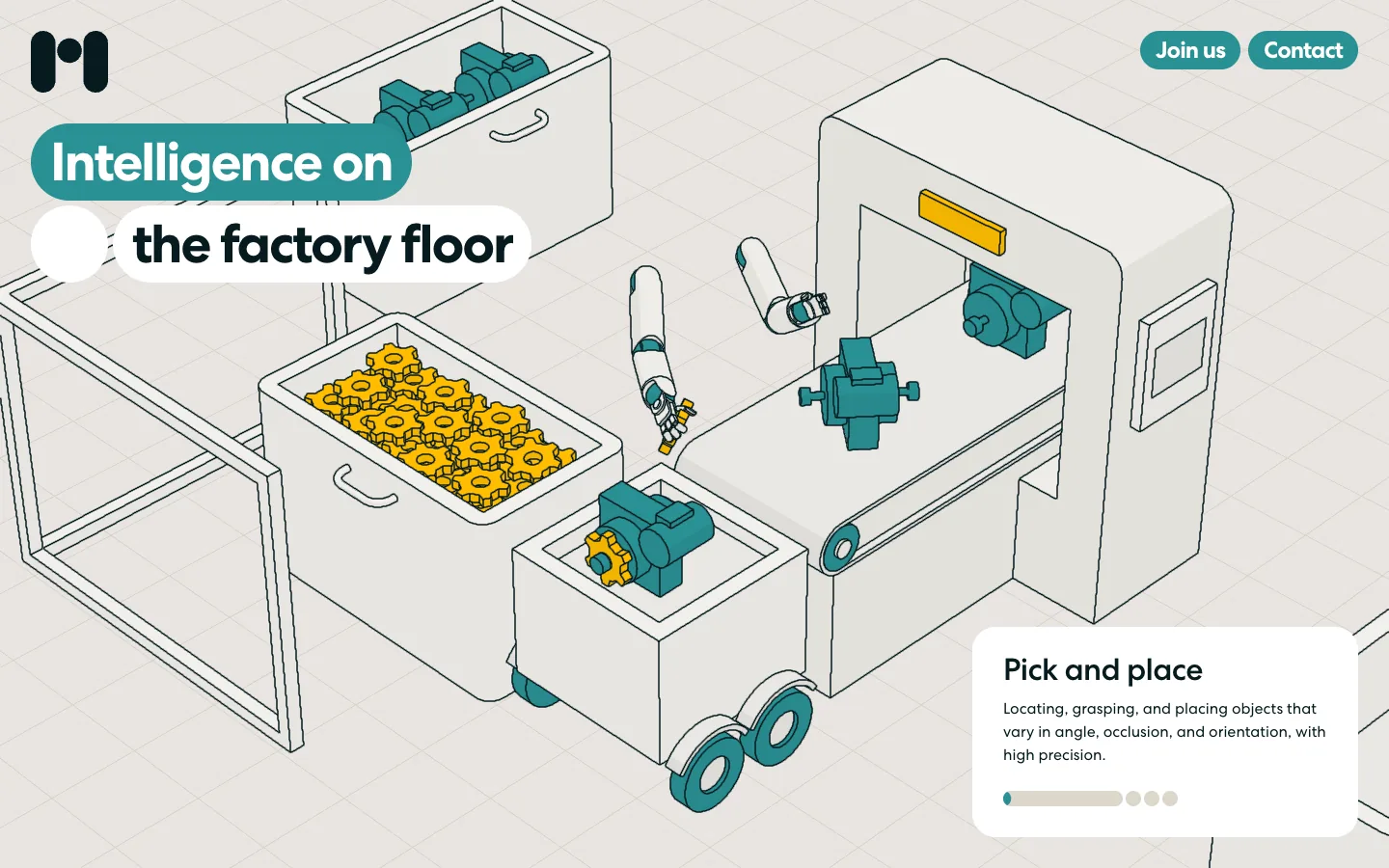 Mind Robotics: an isometric 3D factory cell with a conveyor, gears and a robot arm, a caption card with a progress bar for the pick-and-place task