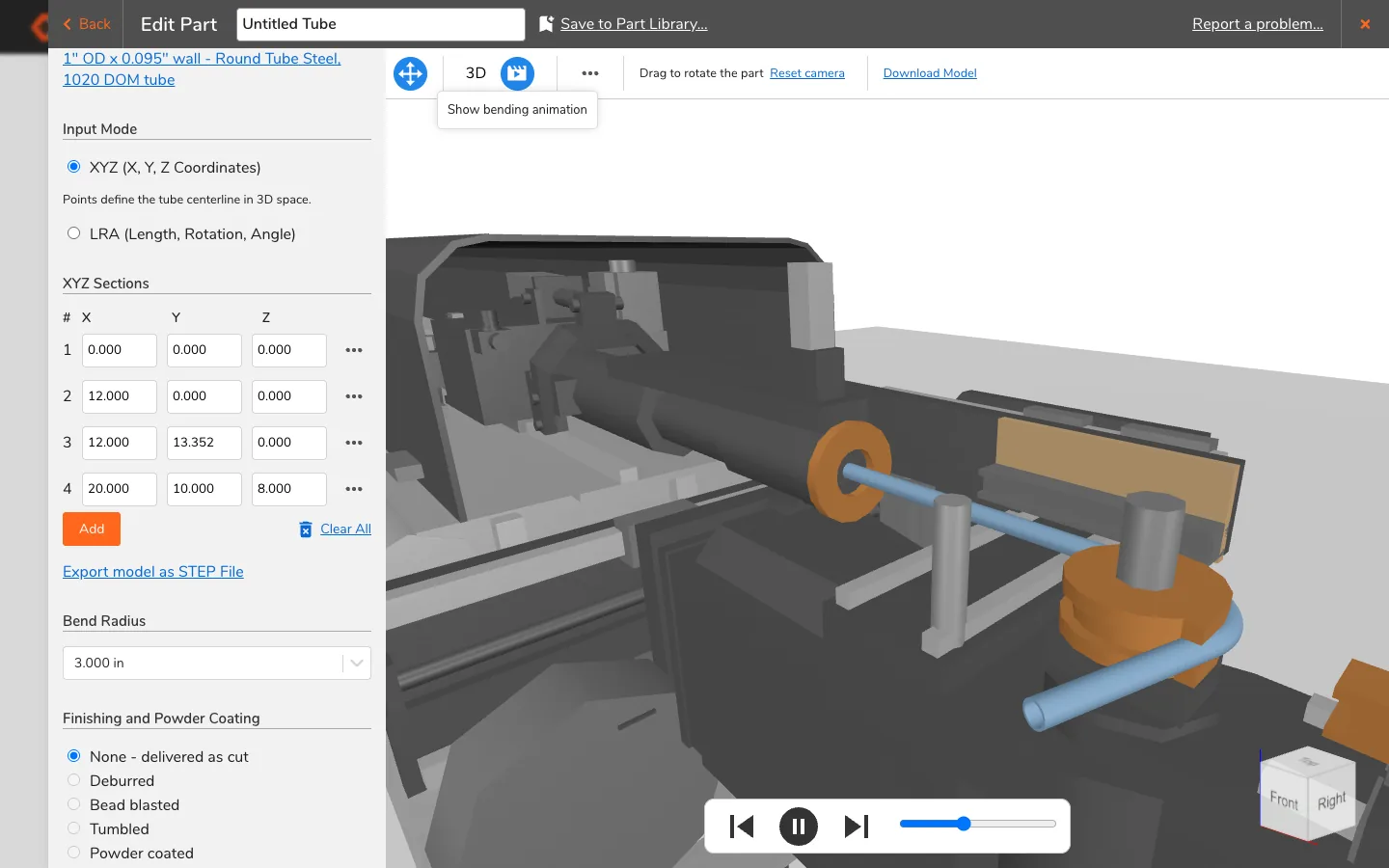 OSH Cut bent tube designer: a 3D tube bending machine bending the customer's tube, with play controls, a design check marked Passed and three lead-time prices
