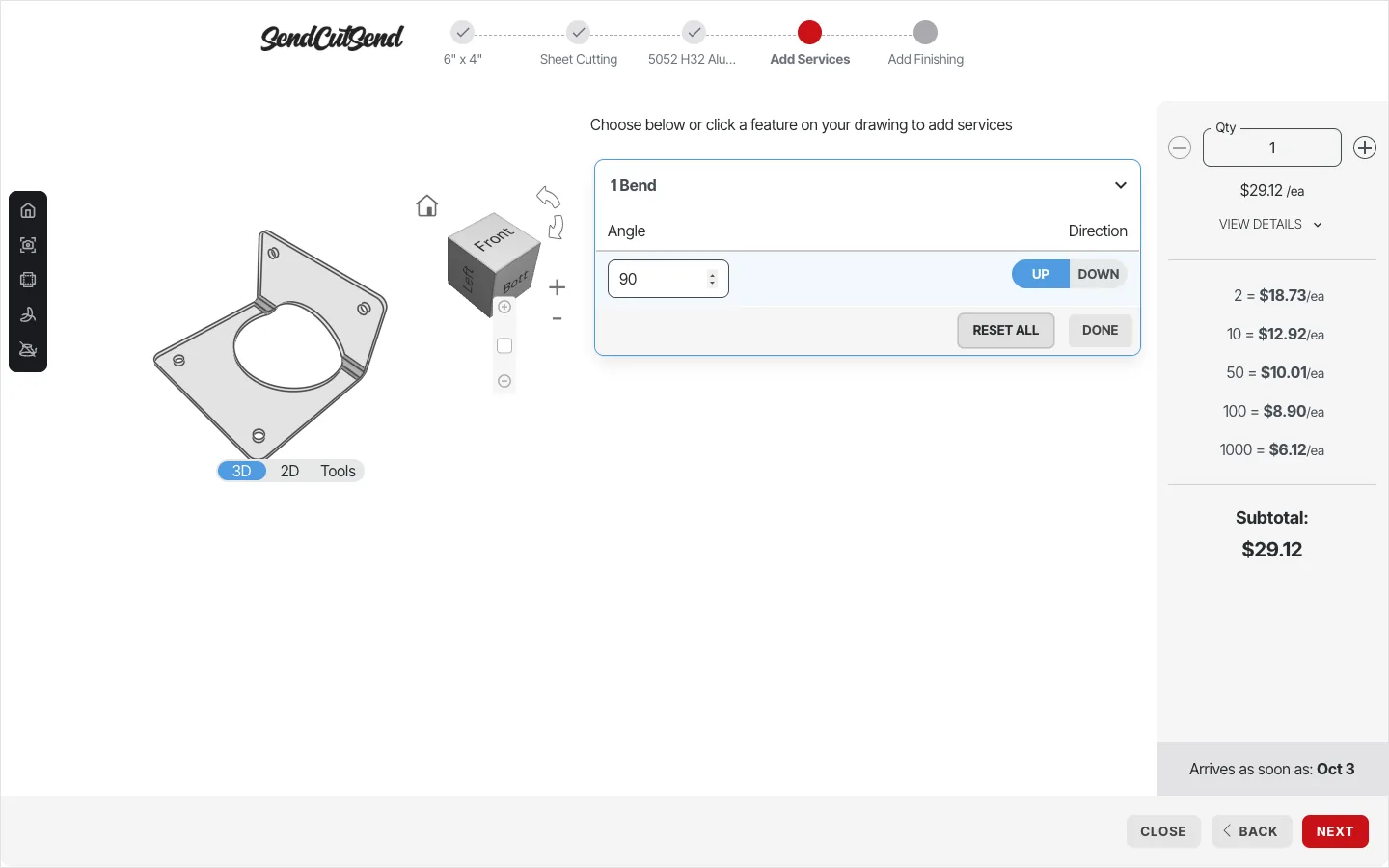 SendCutSend: a 90° bend applied, the flange folded in 3D, the price now $29.12 and the delivery date three days later