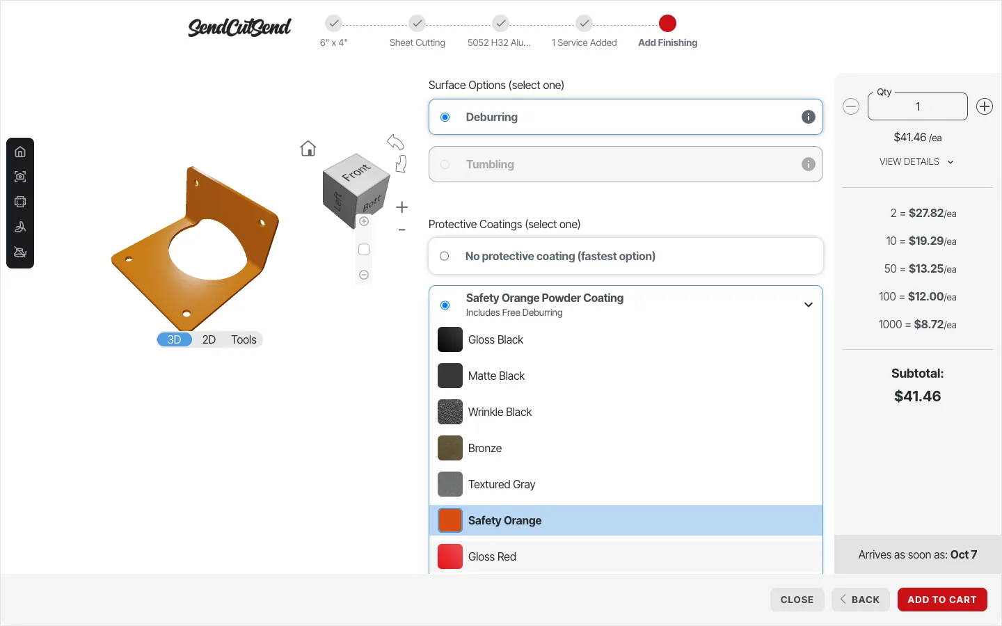 SendCutSend: Safety Orange powder coat chosen, the bent flange repainted orange in 3D, $41.46 each