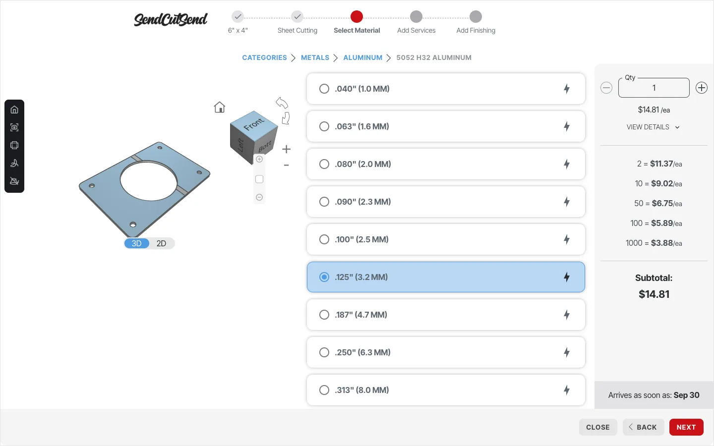 SendCutSend: the flange in 3D in 5052 aluminium, thickness options, $14.81 each and volume breaks down to $3.88 at 1,000, with the earliest delivery date