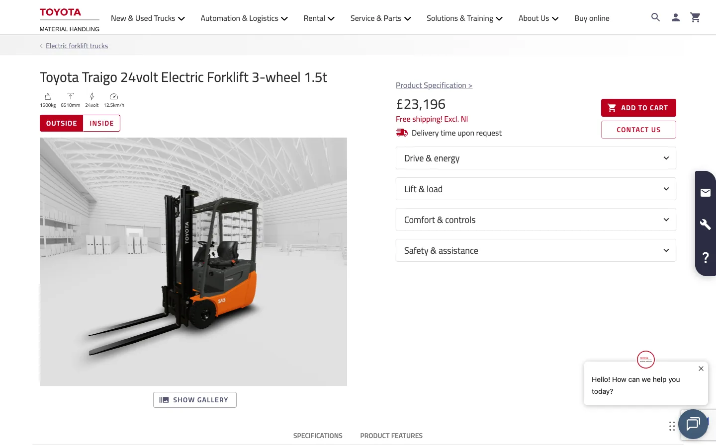 Toyota Traigo forklift page: the forklift in 3D in a warehouse, Outside and Inside views, the price and options with their price differences, Add to cart