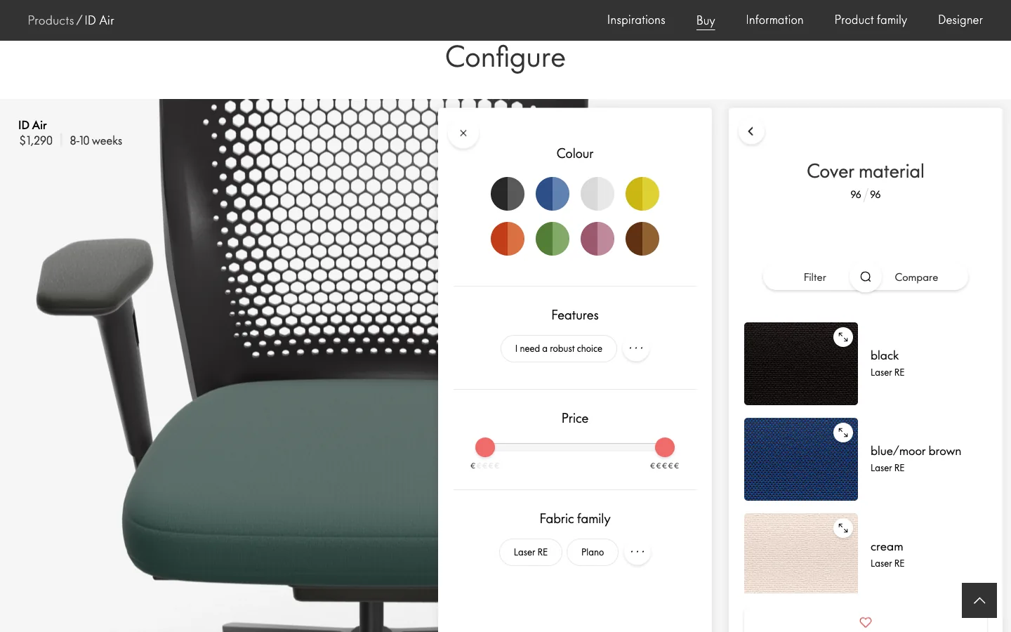 Vitra ID Air chair configurator: the chair in 3D, the camera zoomed on the seat, a panel of 96 cover fabrics with filters, price and lead time