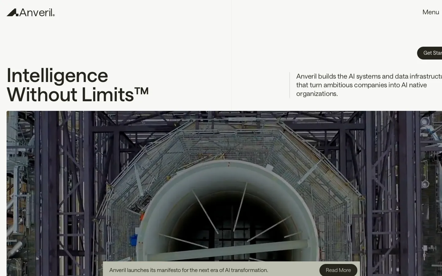 Anveril home page: Intelligence Without Limits over a photo of a giant turbine in a test hall