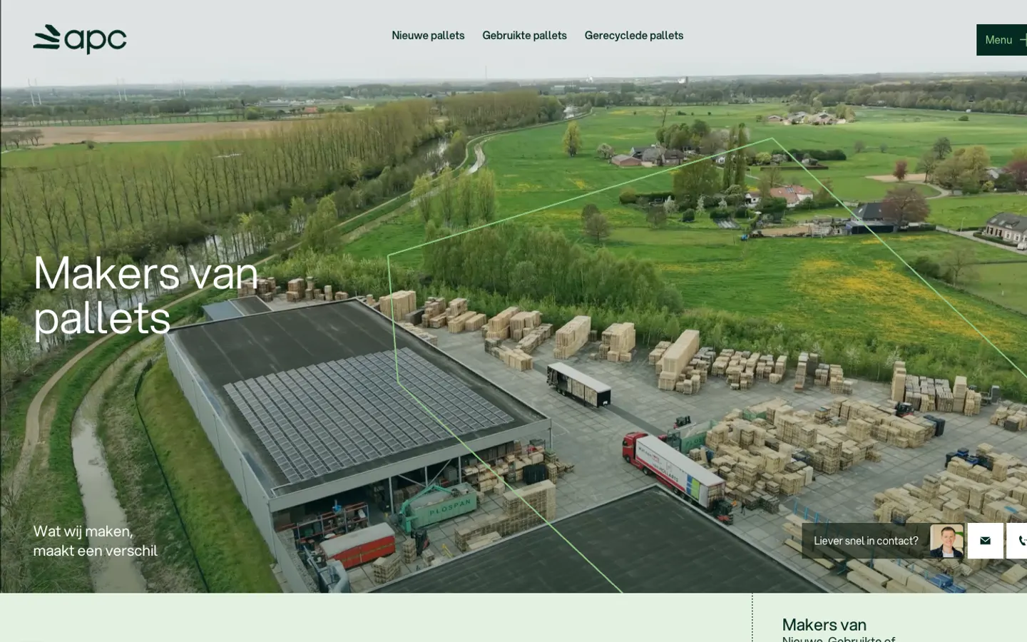 APC home page: an aerial view of the pallet yard among green fields, Makers van pallets