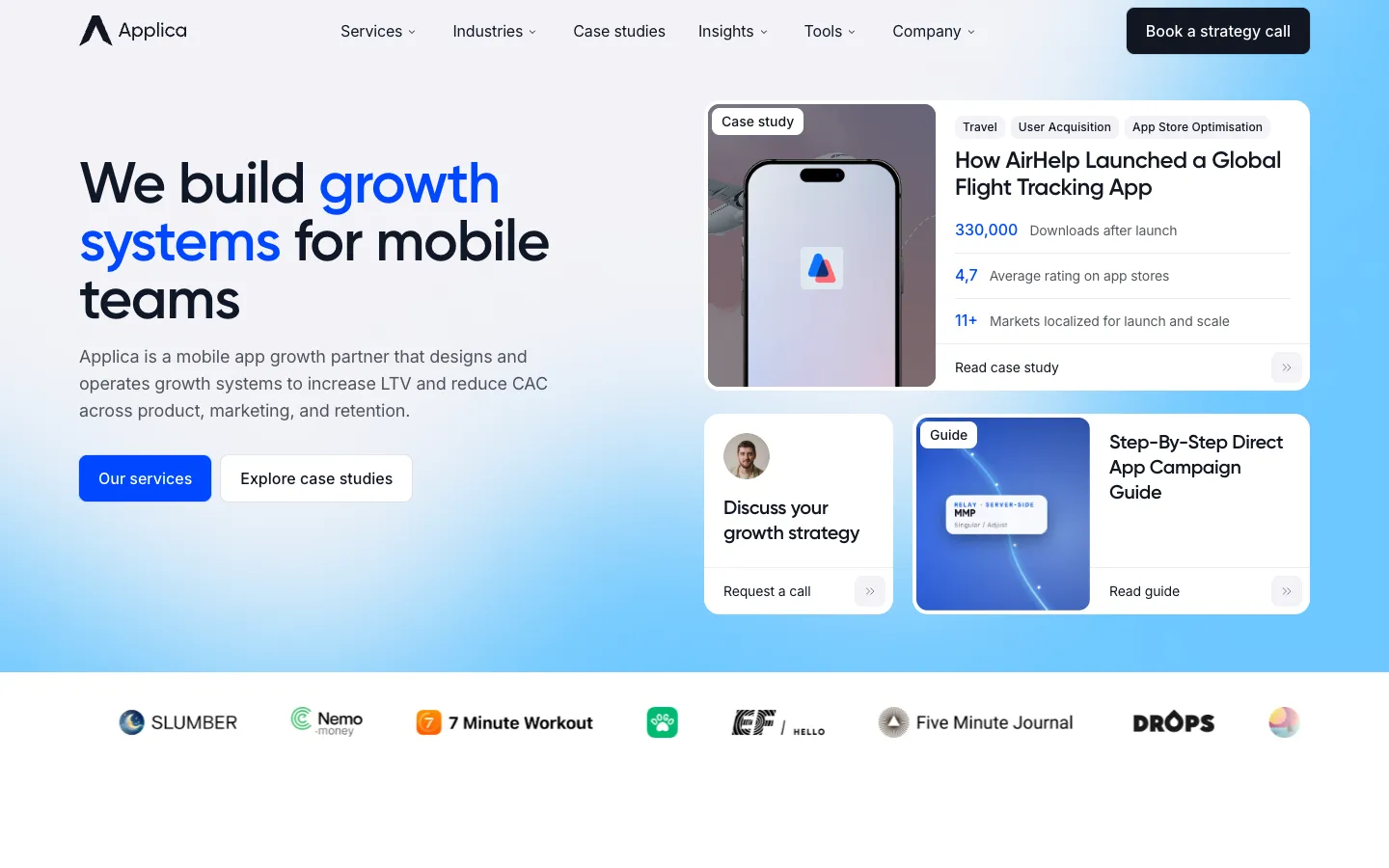 Applica home page: We build growth systems for mobile teams, an AirHelp case card and a row of client apps