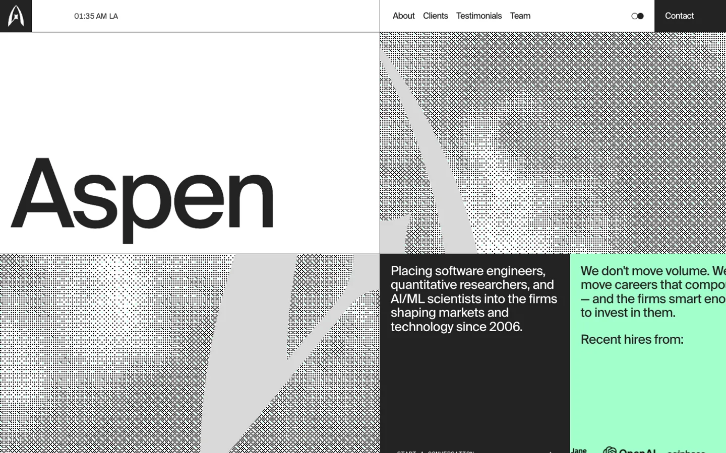 Aspen Search home page: the name in huge letters, live clocks for New York and Los Angeles, Recent hires from