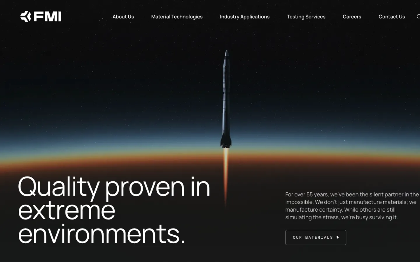 FMI home page: a rocket rising over the curve of the Earth at dawn, Quality proven in extreme environments
