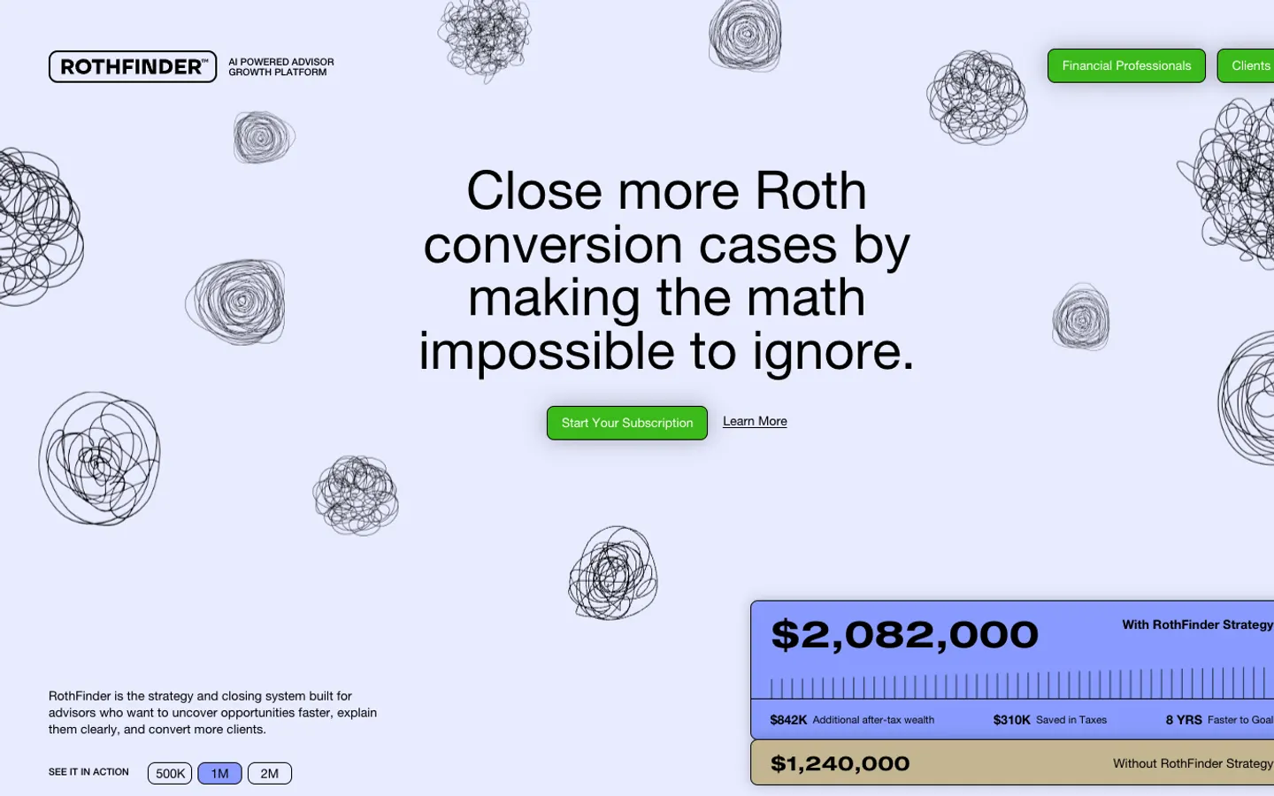 RothFinder home page: Close more Roth conversion cases by making the math impossible to ignore, a with-and-without comparison