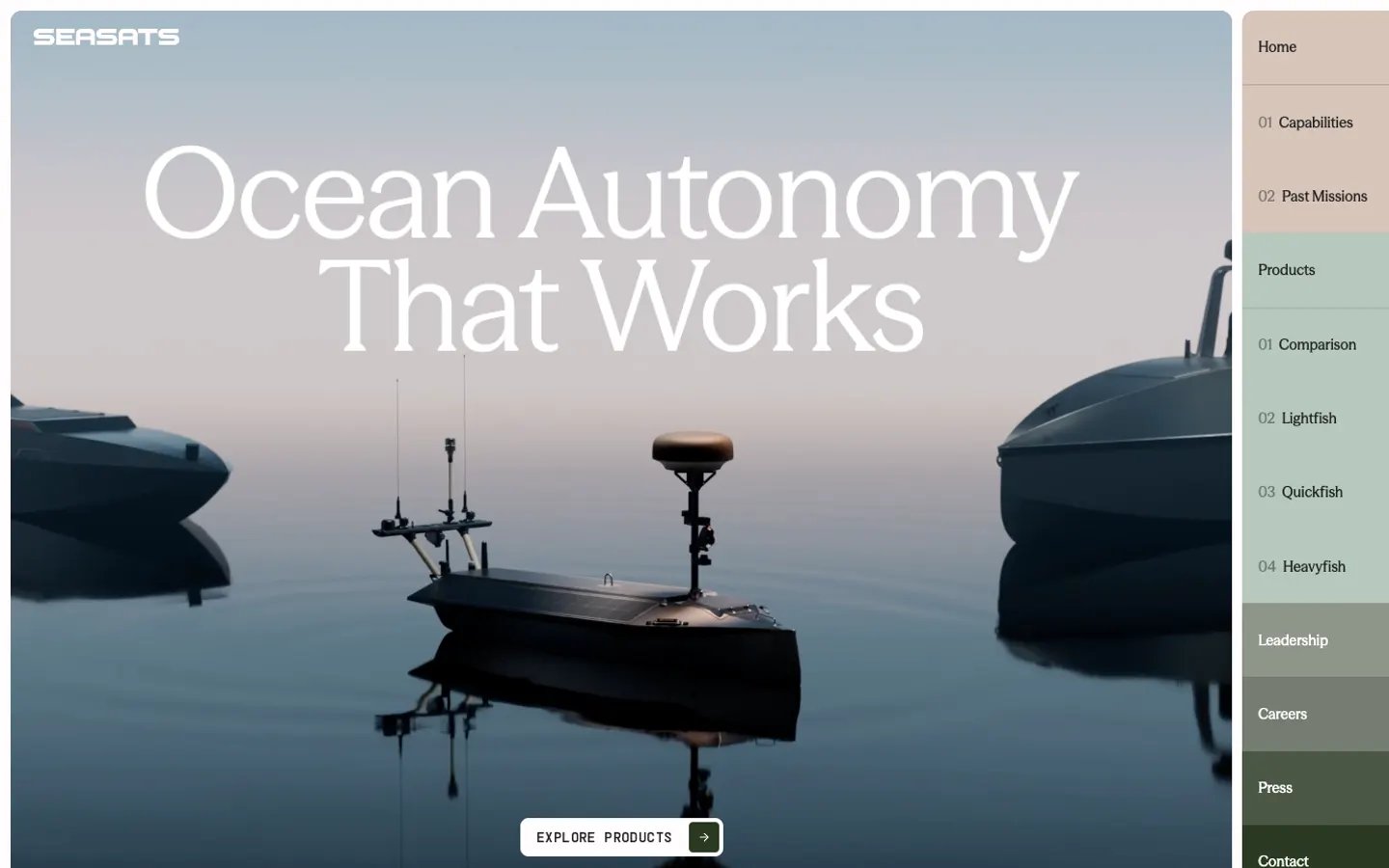 Seasats home page: Ocean Autonomy That Works, drone boats on still water