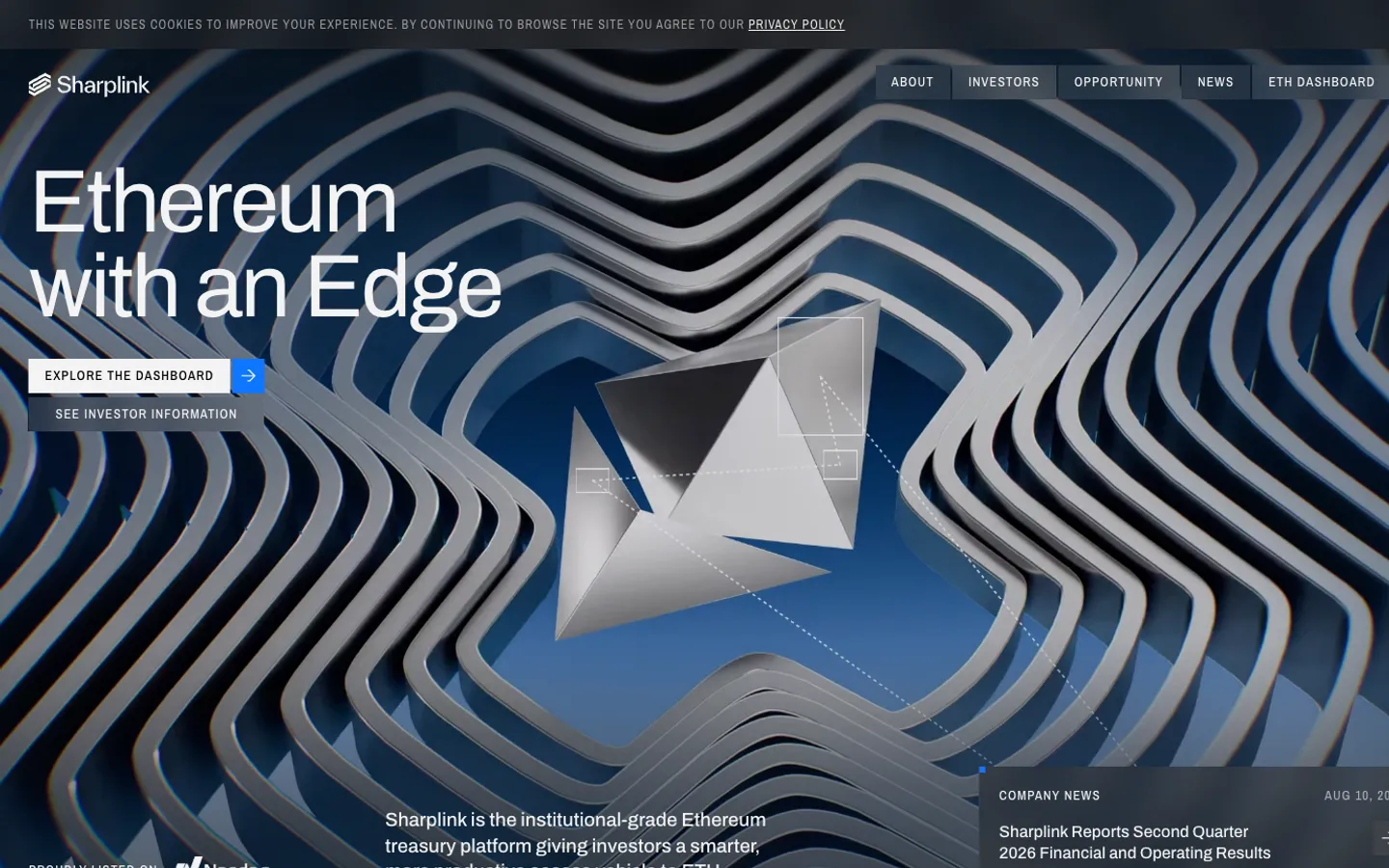 Sharplink home page: Ethereum with an Edge over a silver crystal in a sculpted tunnel, Proudly listed on Nasdaq