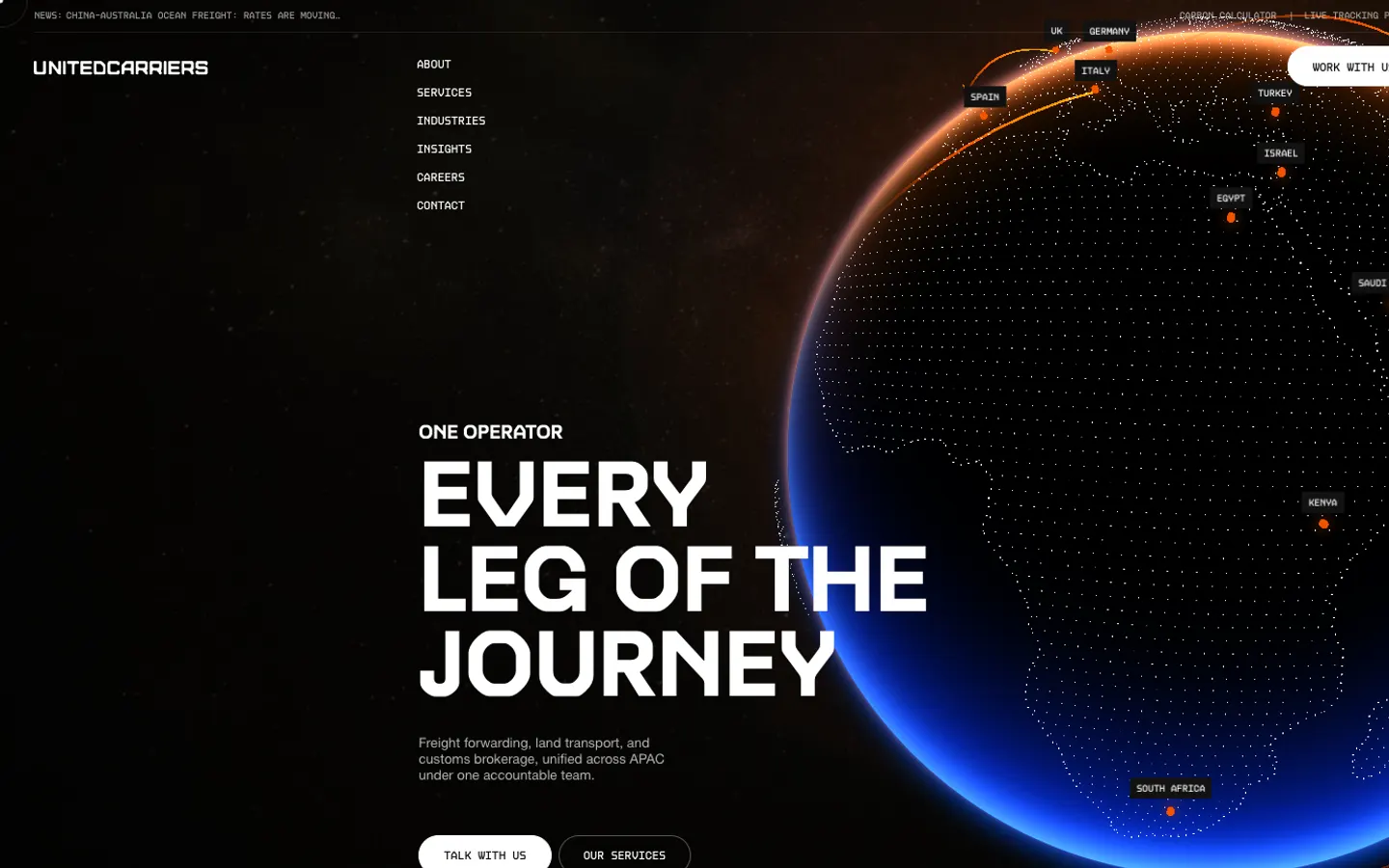 United Carriers home page: a glowing globe with routes, One operator, every leg of the journey