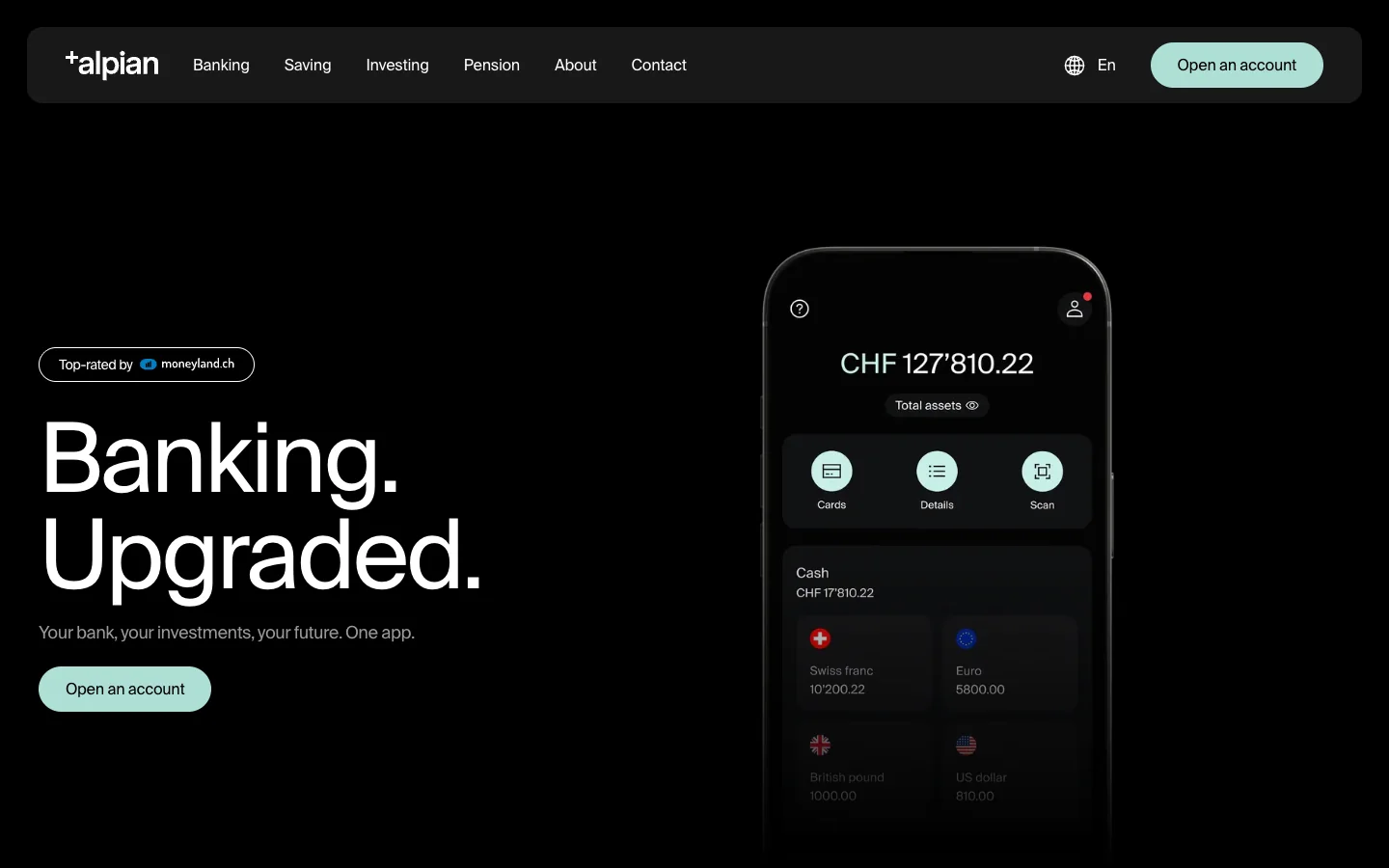 Alpian home page: black, Banking. Upgraded. and a phone showing CHF 127'810.22