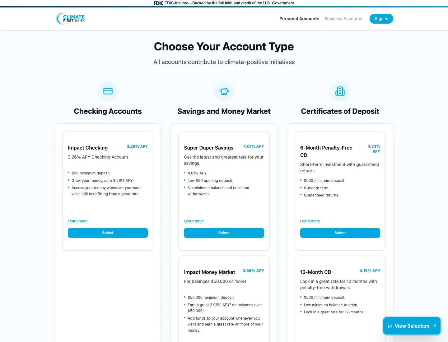 Choose Your Account Type page with a rate on every account card