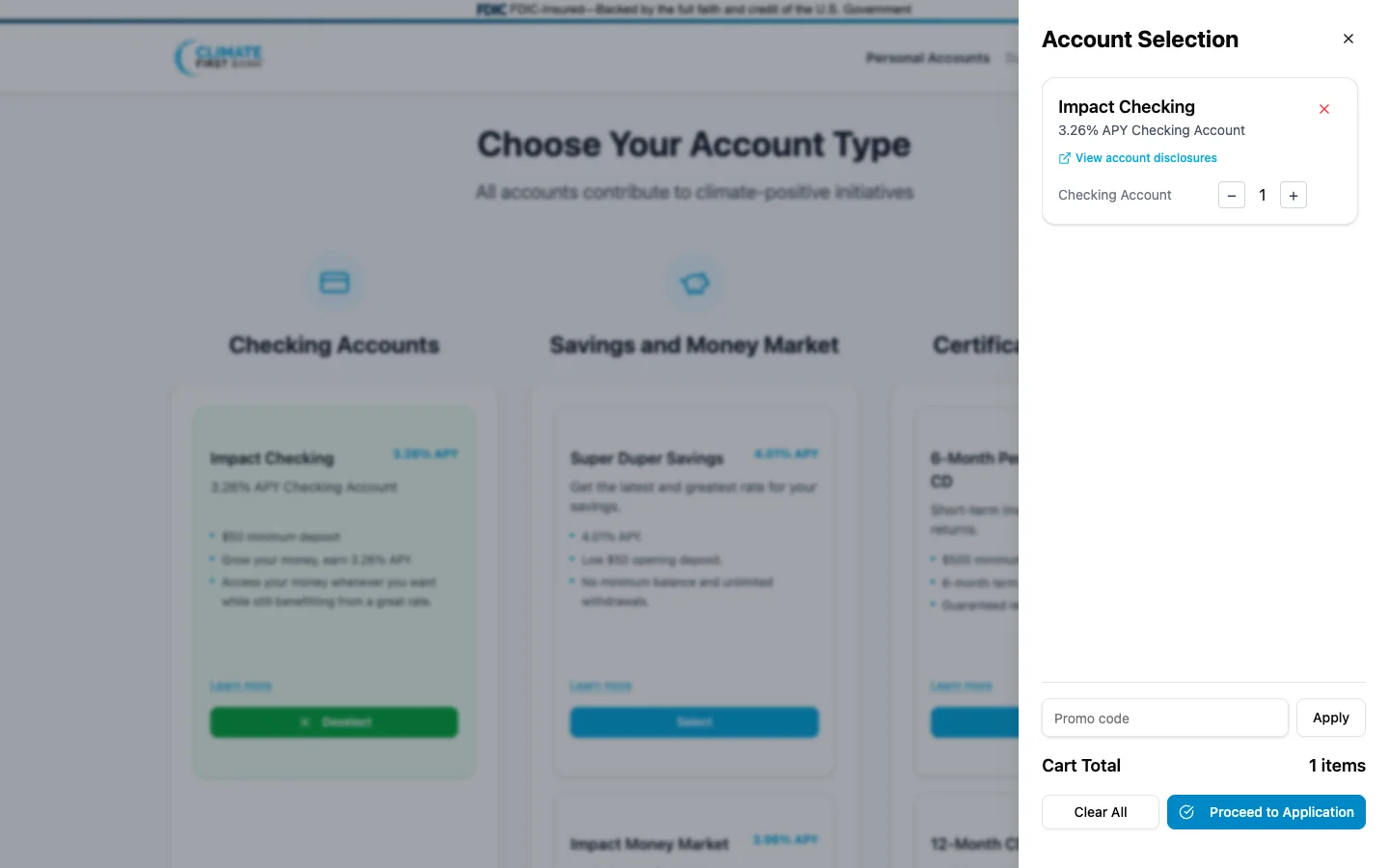 Account selection panel with Proceed to Application and a promo code field