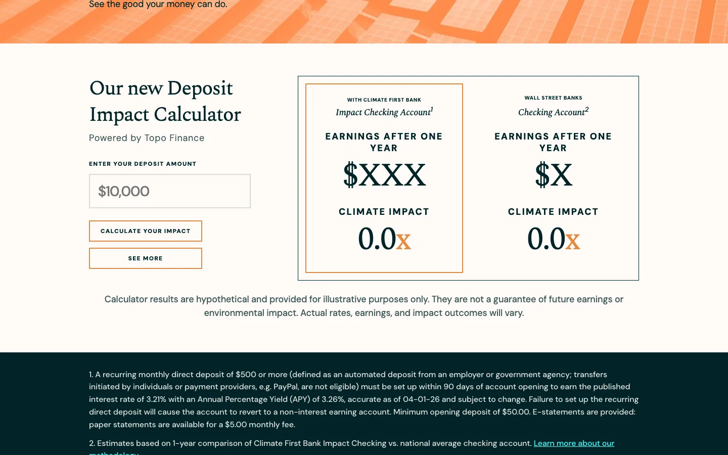 Climate First Bank deposit impact calculator with a $10,000 input