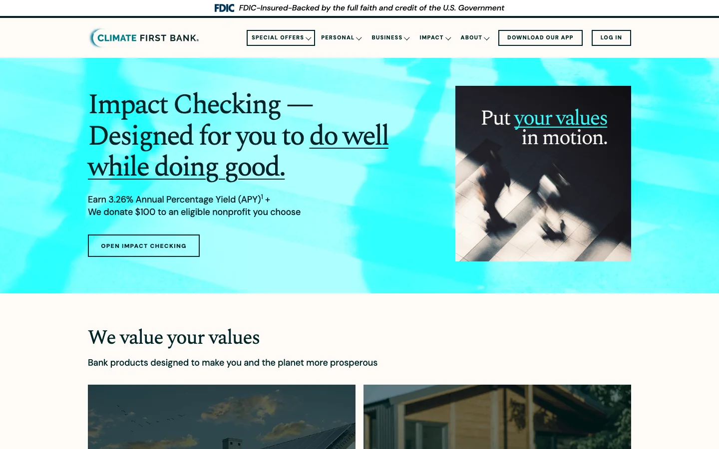 Climate First Bank home page: Impact Checking headline, 3.26% APY and the FDIC strip