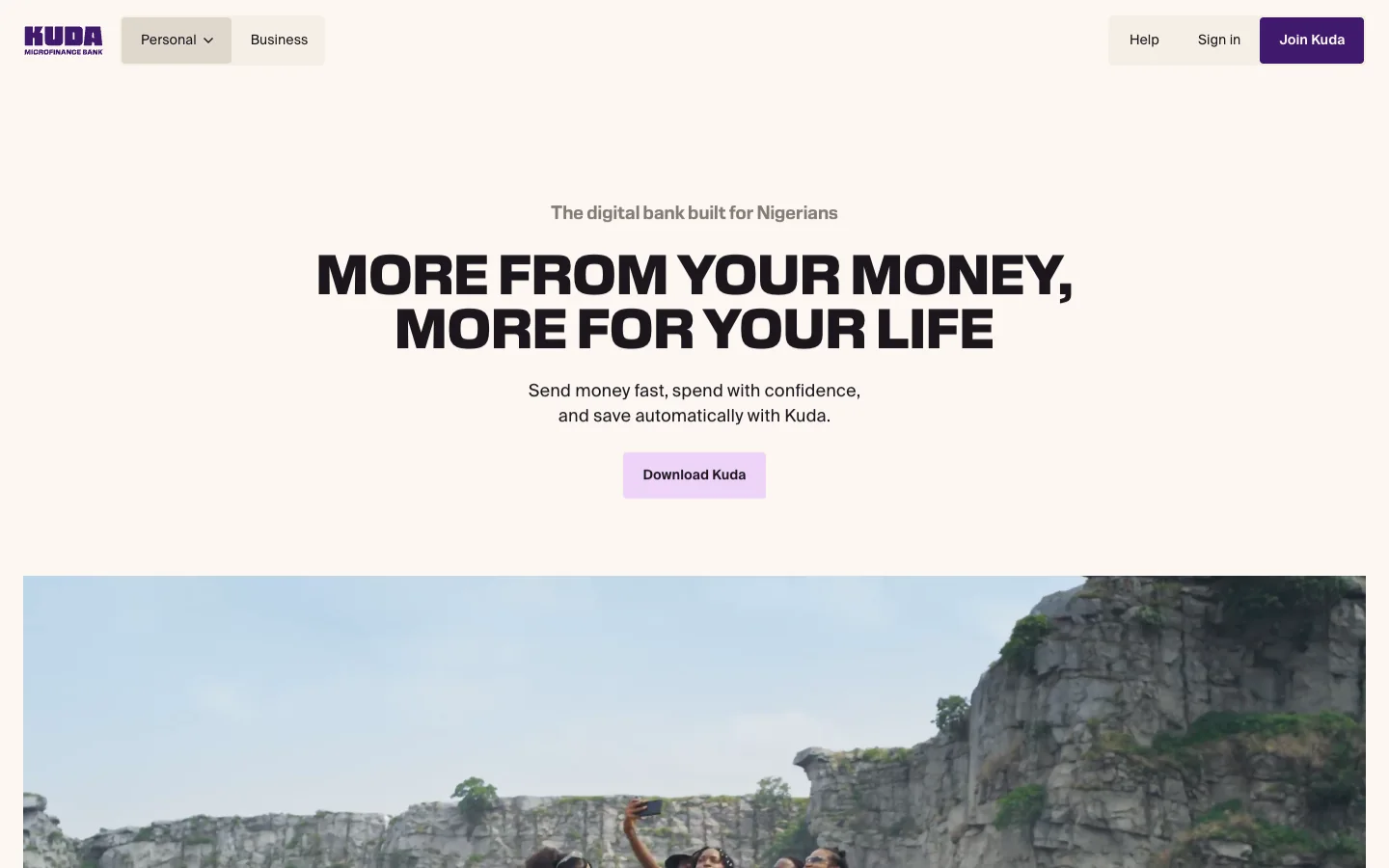 Kuda home page: MORE FROM YOUR MONEY, MORE FOR YOUR LIFE in heavy caps