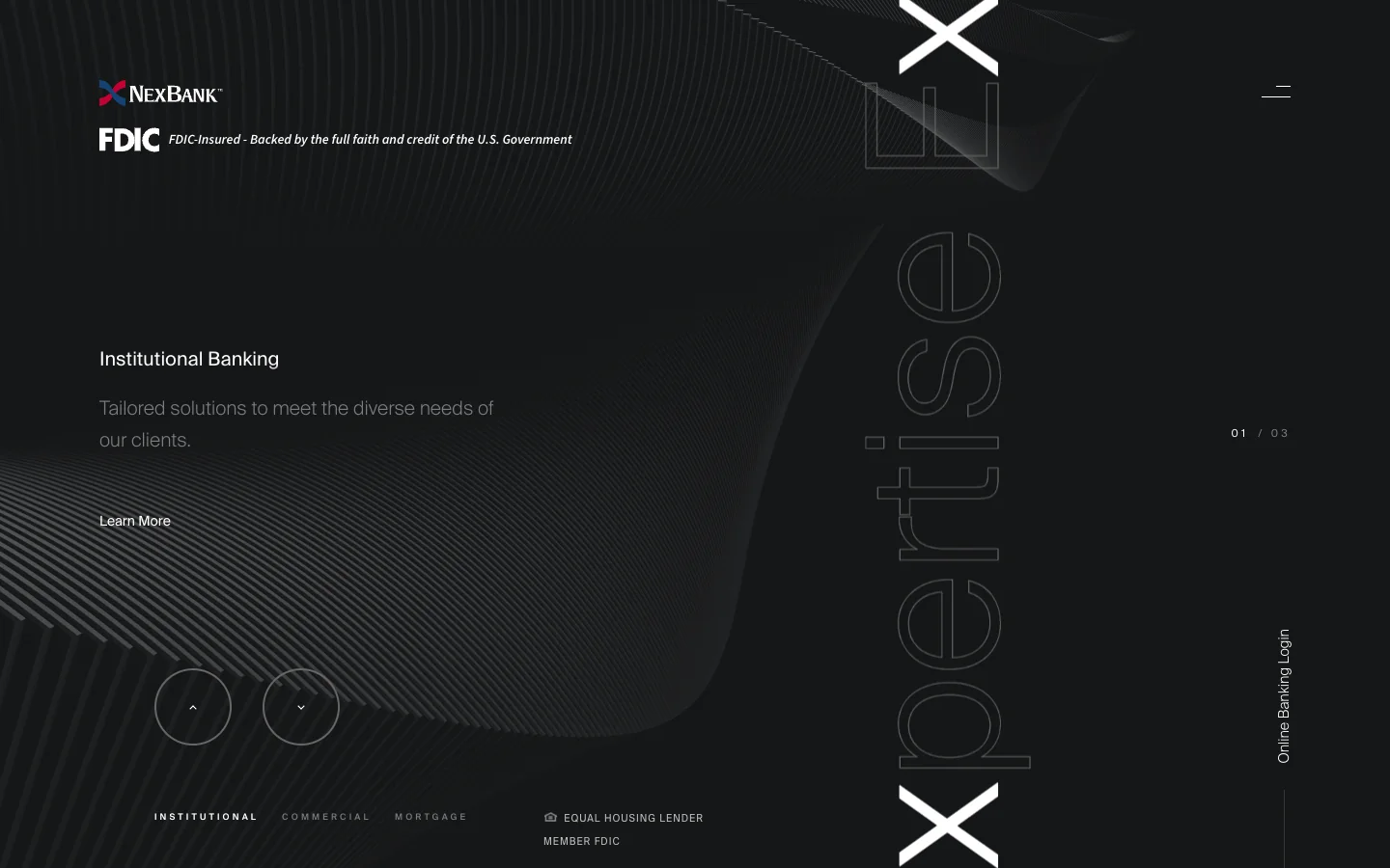 NexBank home page: dark graphite, a 3D wireframe X and the FDIC line