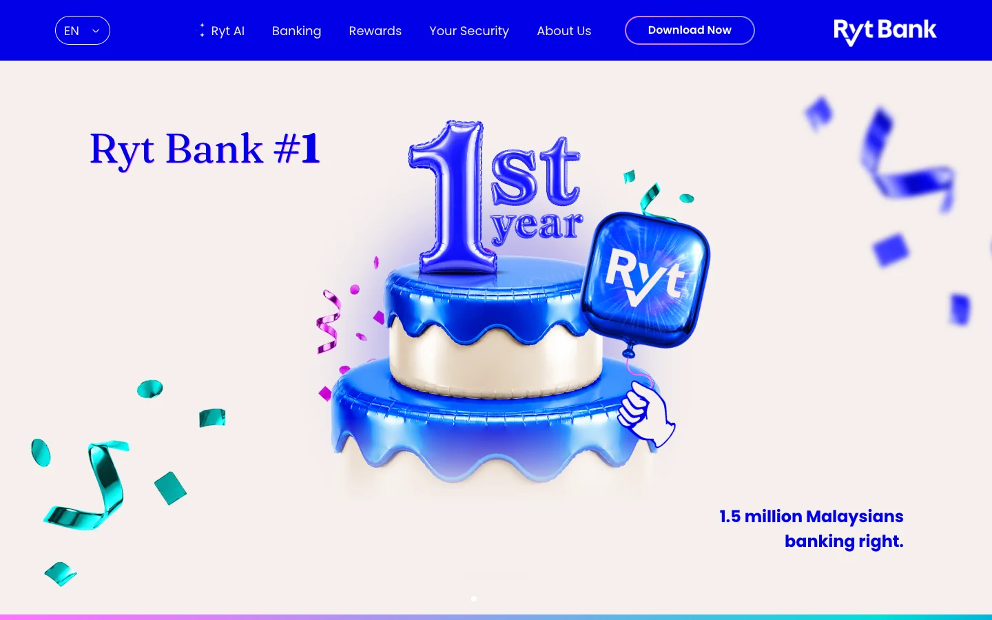 Ryt Bank home page: a glossy 3D blue cake for its first year and 1.5 million Malaysians