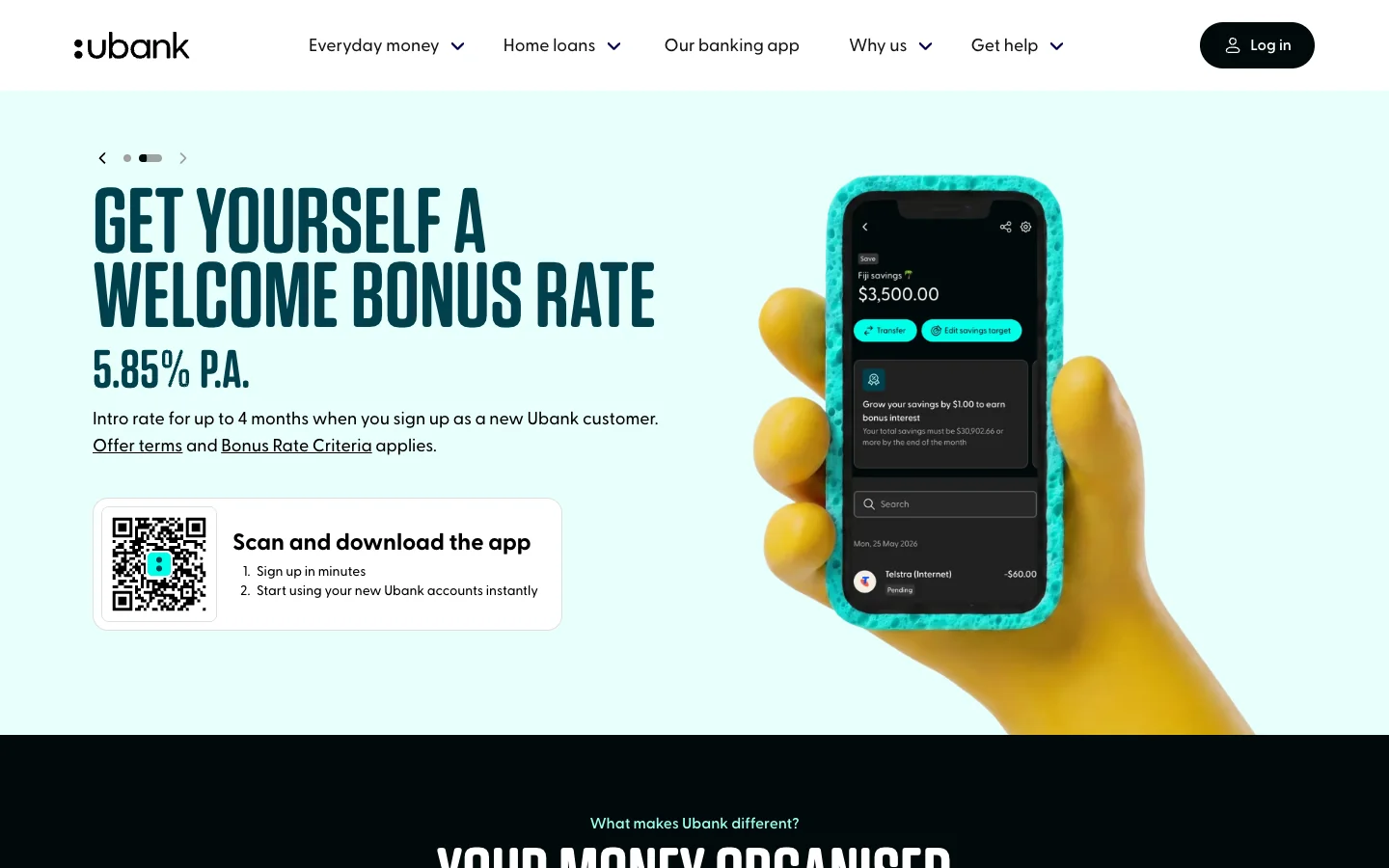 ubank home page: a yellow glove holding a phone in a sponge, 5.85% p.a. and a QR code