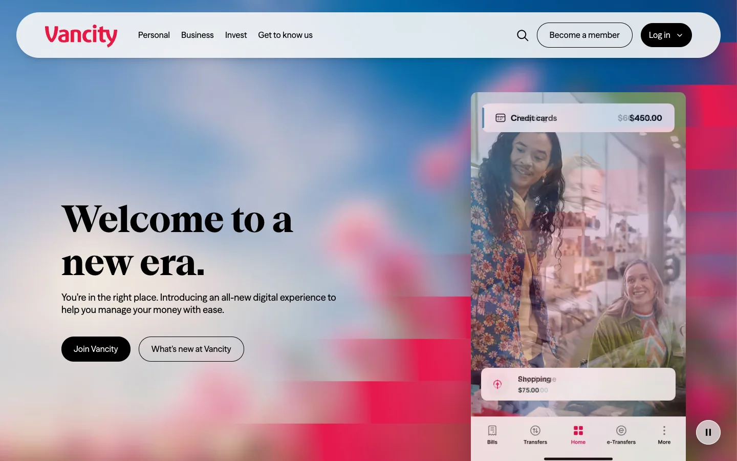 Vancity home page: Welcome to a new era in serif over a blurred photo with pink stripes