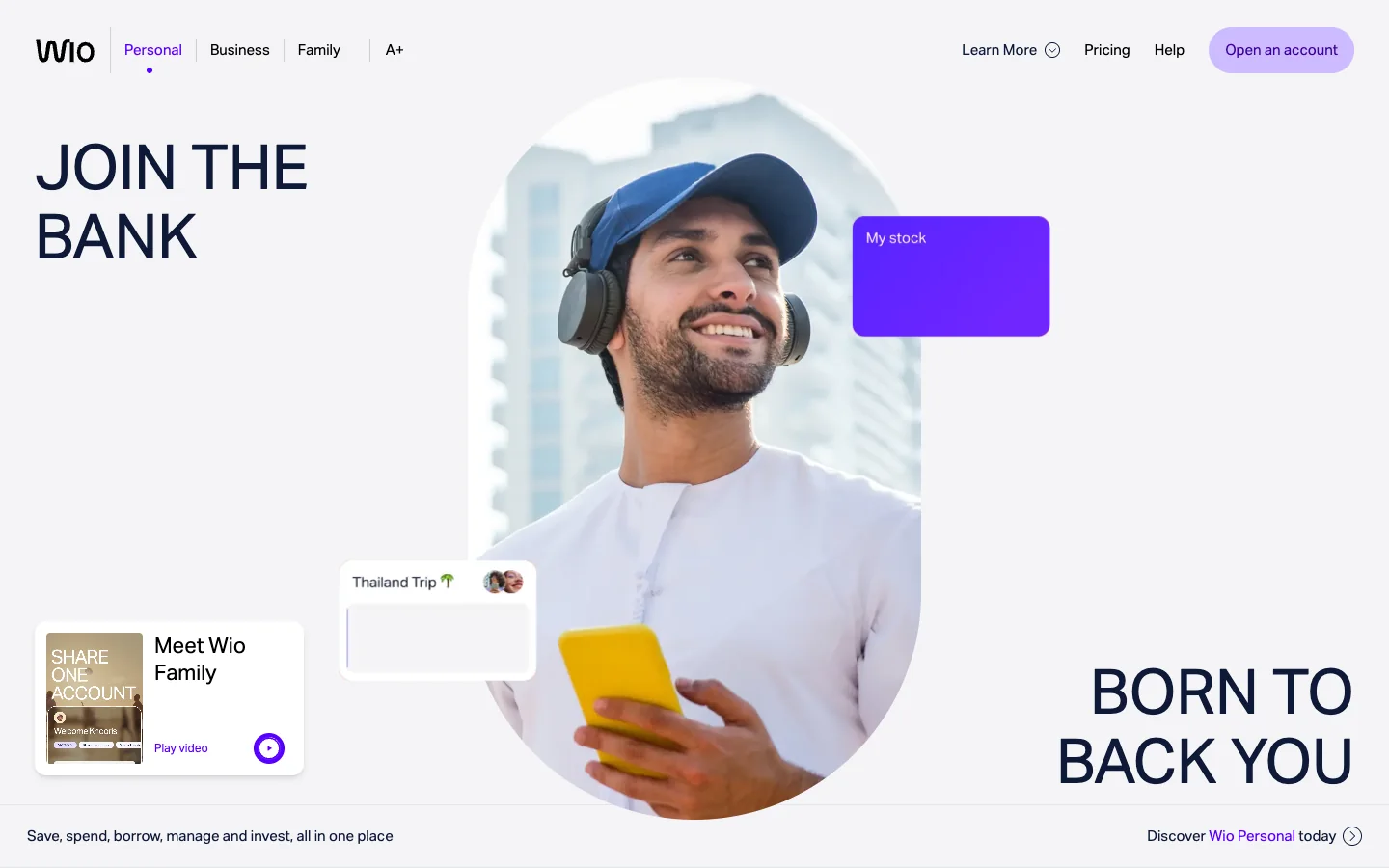 Wio home page: JOIN THE BANK and BORN TO BACK YOU around a portrait in an arch
