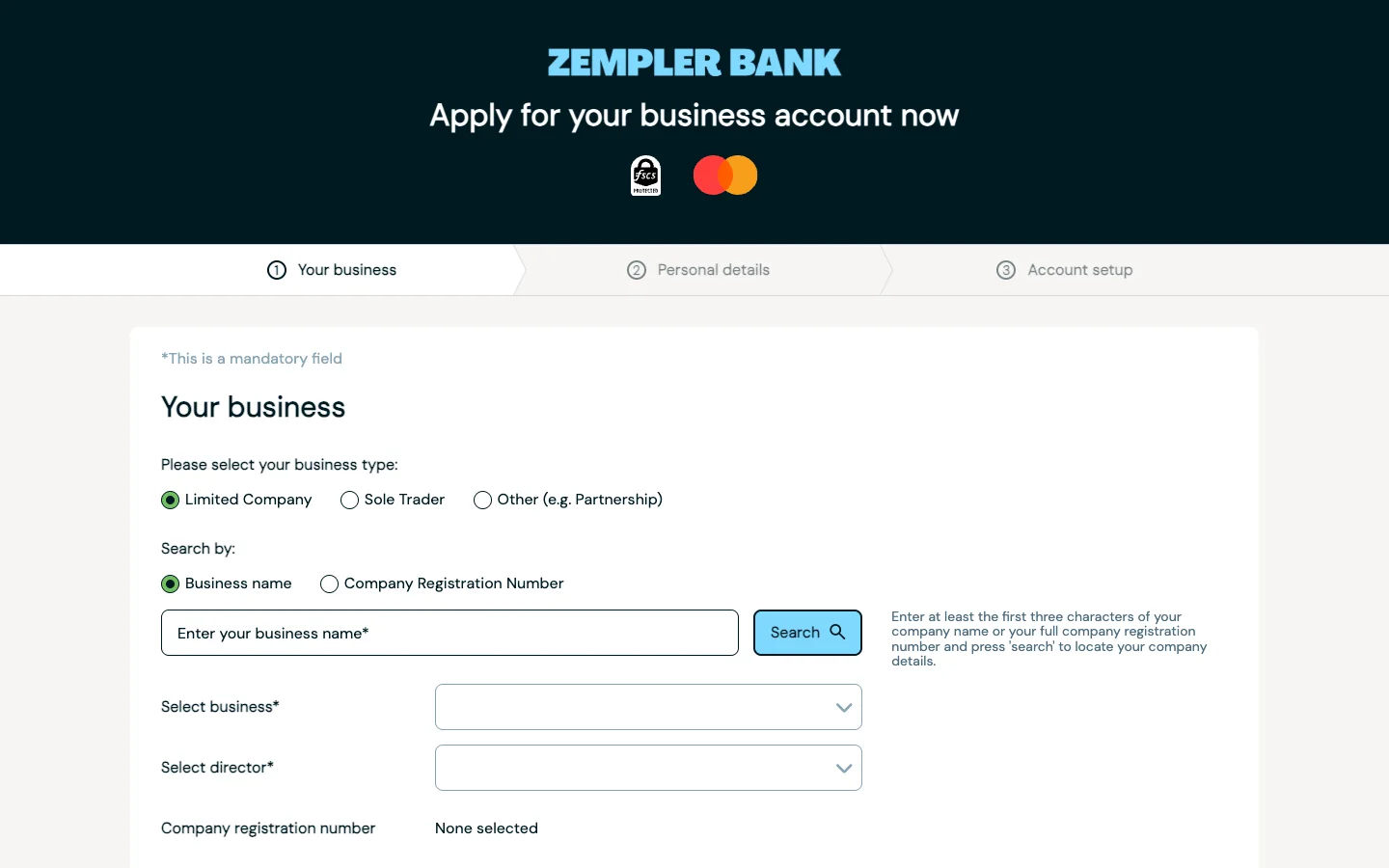 Zempler Bank application, step one of three: Your business