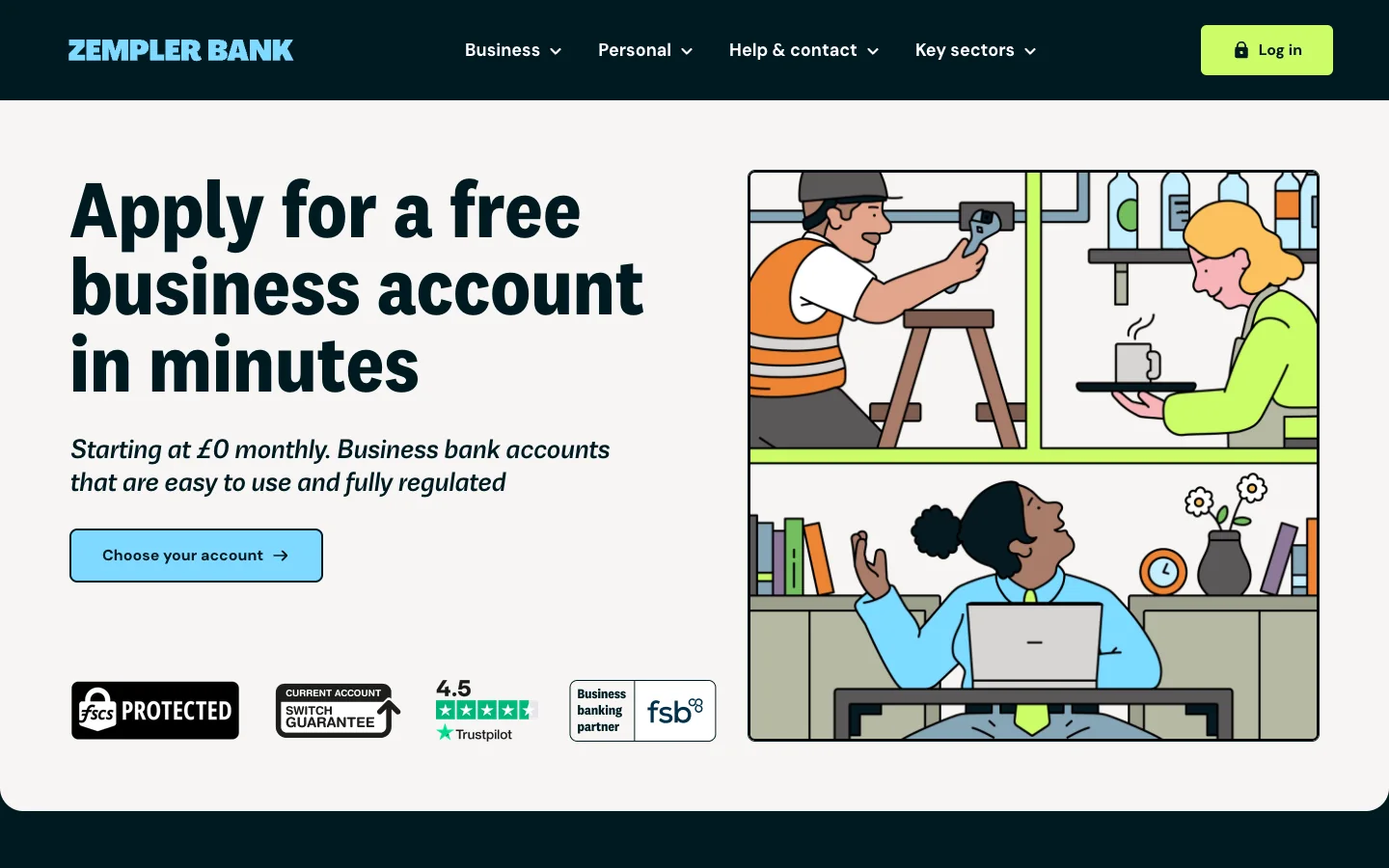 Zempler Bank home page: Apply for a free business account in minutes with comic illustrations and trust badges