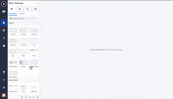 Betty Blocks page builder: layout components are dragged onto an empty page