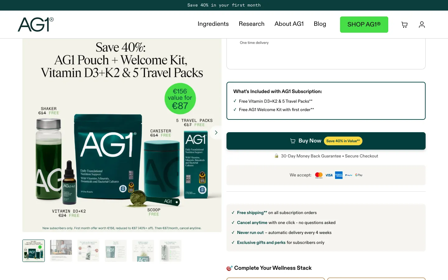 AG1: what's included with the subscription, Buy Now, and Complete Your Wellness Stack with Omega-3 and Vitamin D3+K2