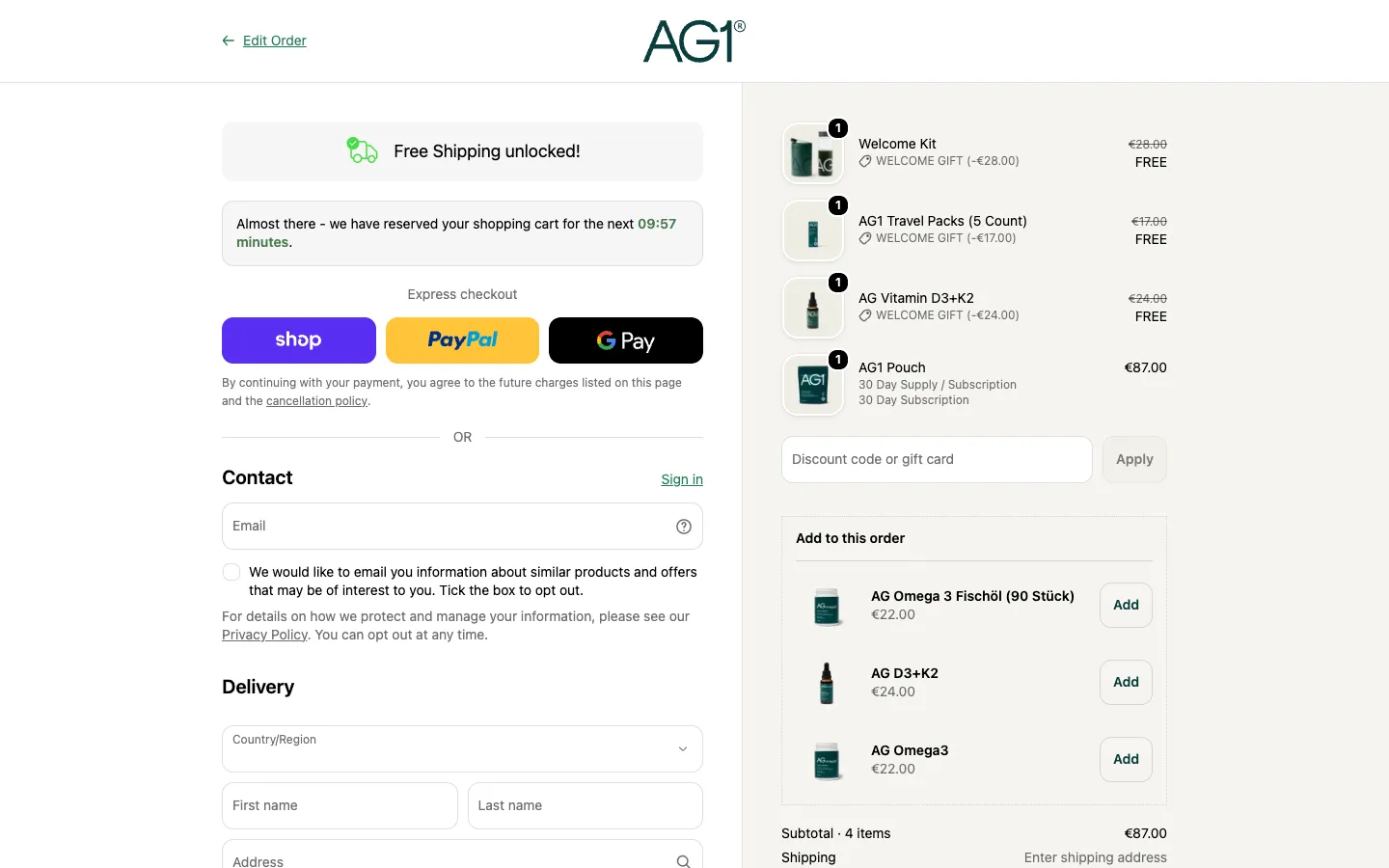 AG1 checkout: free shipping unlocked, the cart reserved for ten minutes, express checkout, and Add to this order with three supplements