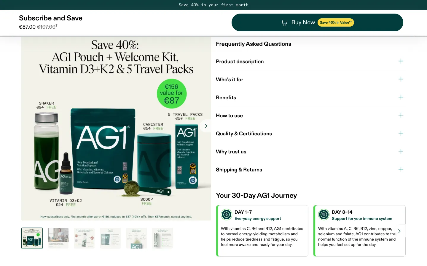 AG1: Your 30-Day AG1 Journey, day 1 to 7 energy support, day 8 to 14 immune support, next to the FAQ
