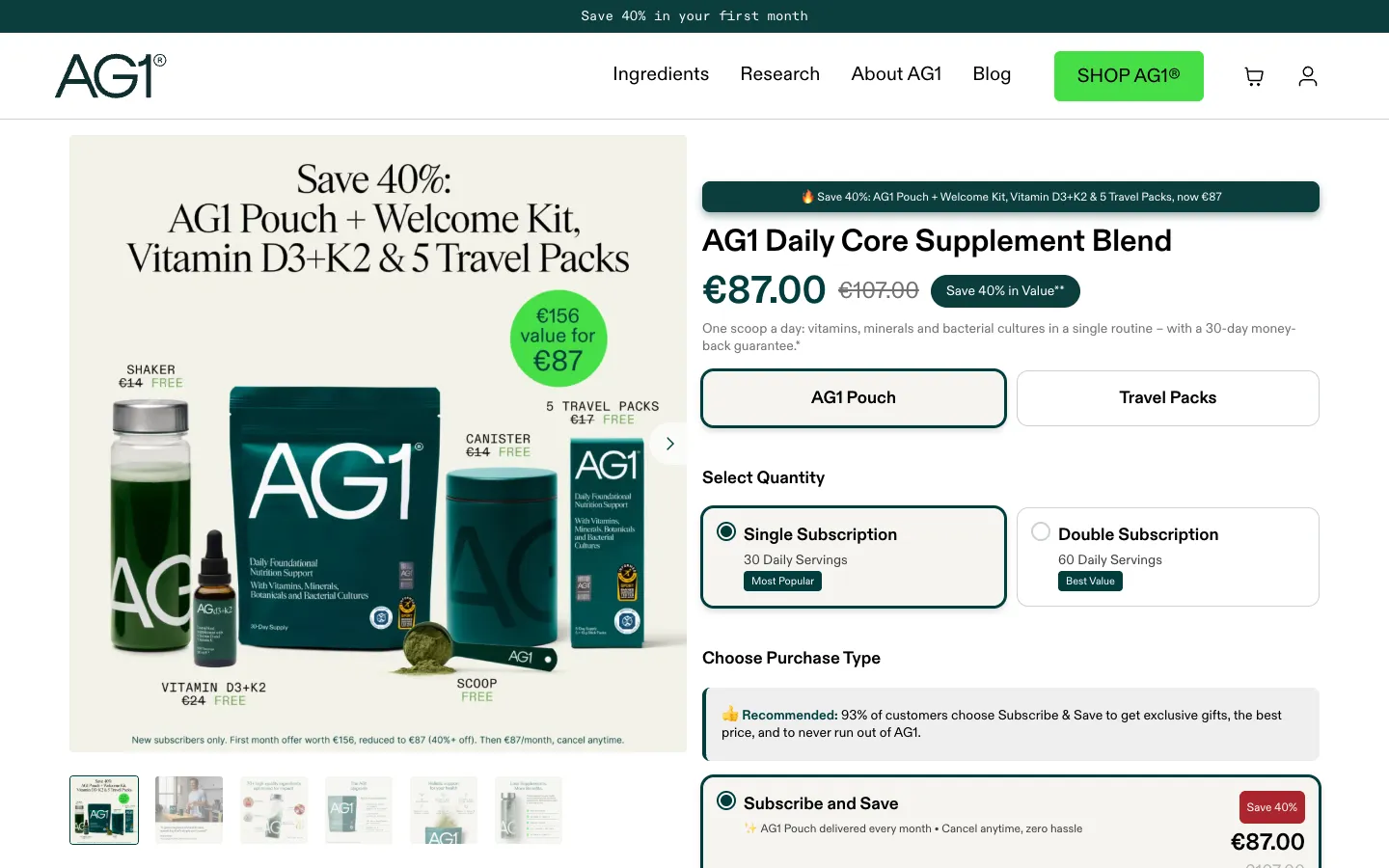 AG1 product page: the bundle photo, €87 crossed from €107, single or double subscription, 93% of customers choose Subscribe & Save