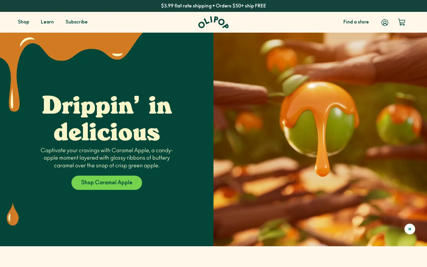 Olipop home page: Drippin' in delicious, caramel dripping over a green apple, free shipping over $50 in the top bar