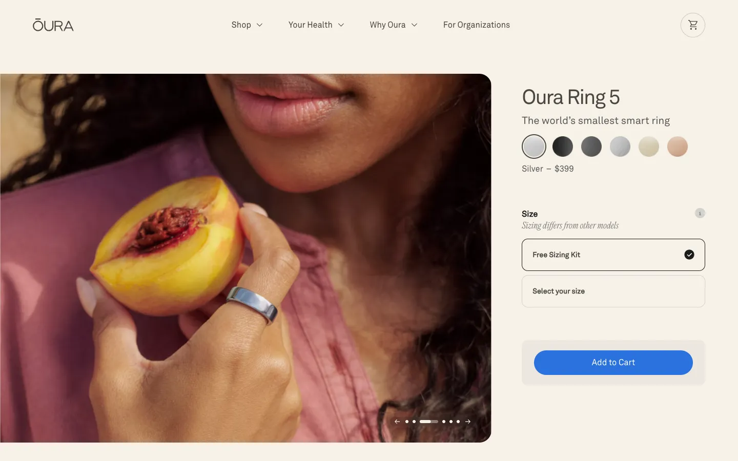 Oura Ring 5 product page: finishes, $399, Free Sizing Kit, Select your size, Add to Cart