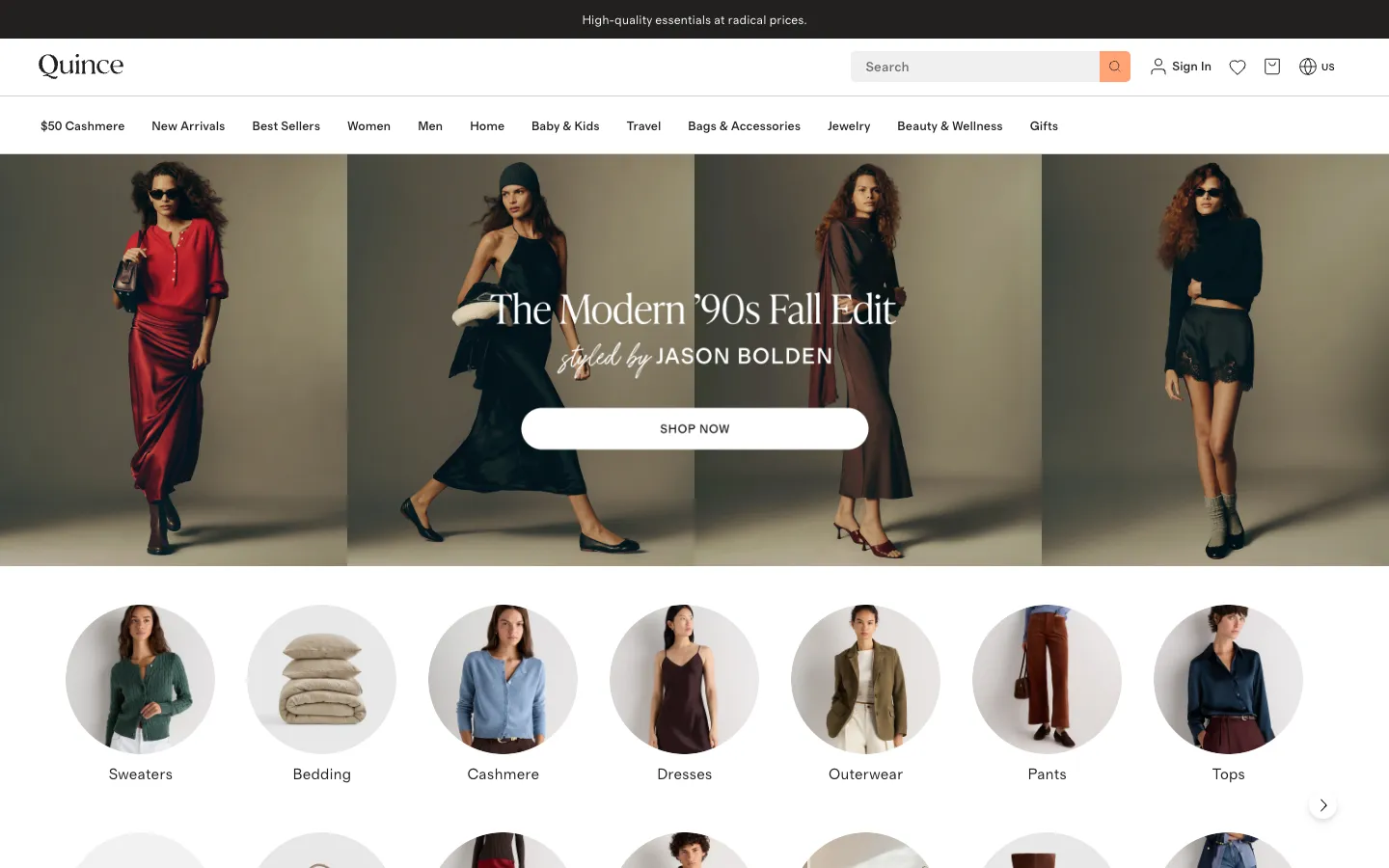Quince home page: High-quality essentials at radical prices, $50 Cashmere in the menu, a campaign and round category photos
