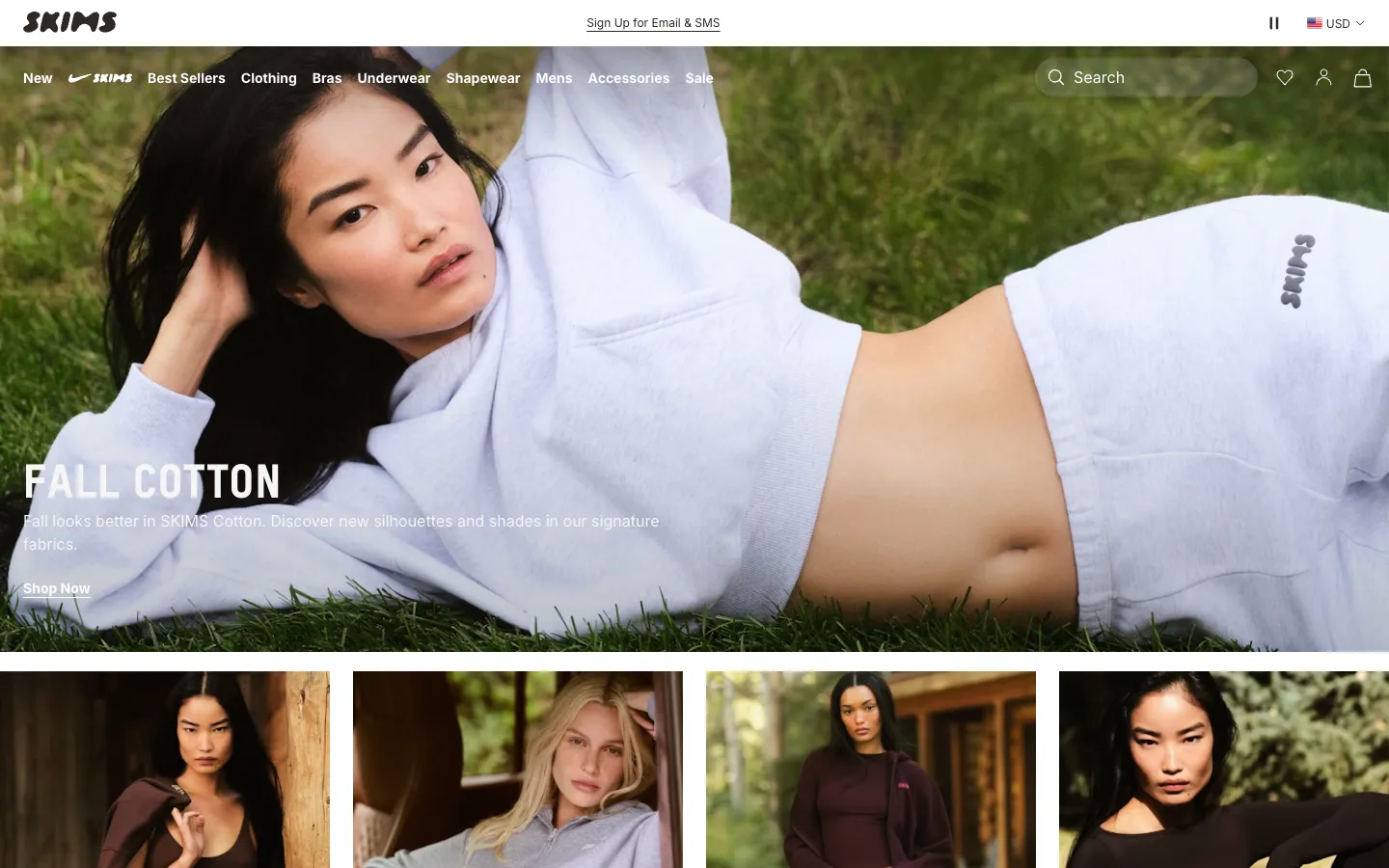 Skims home page: Fall Cotton, a campaign photo, Shop Now