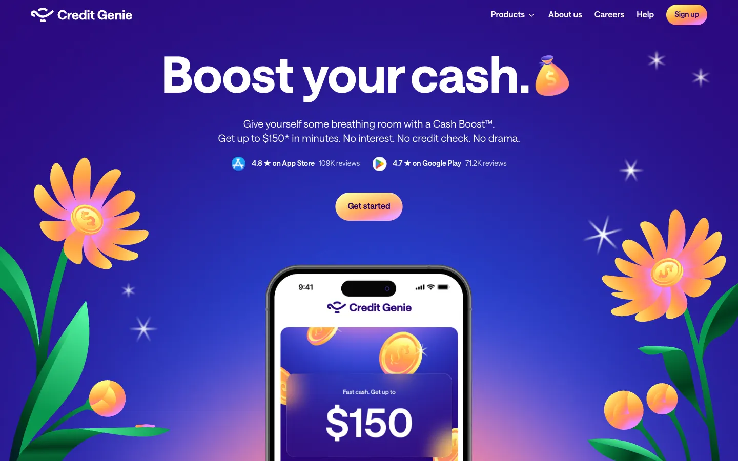 Credit Genie home page: Boost your cash, a phone with $150 among illustrated flowers