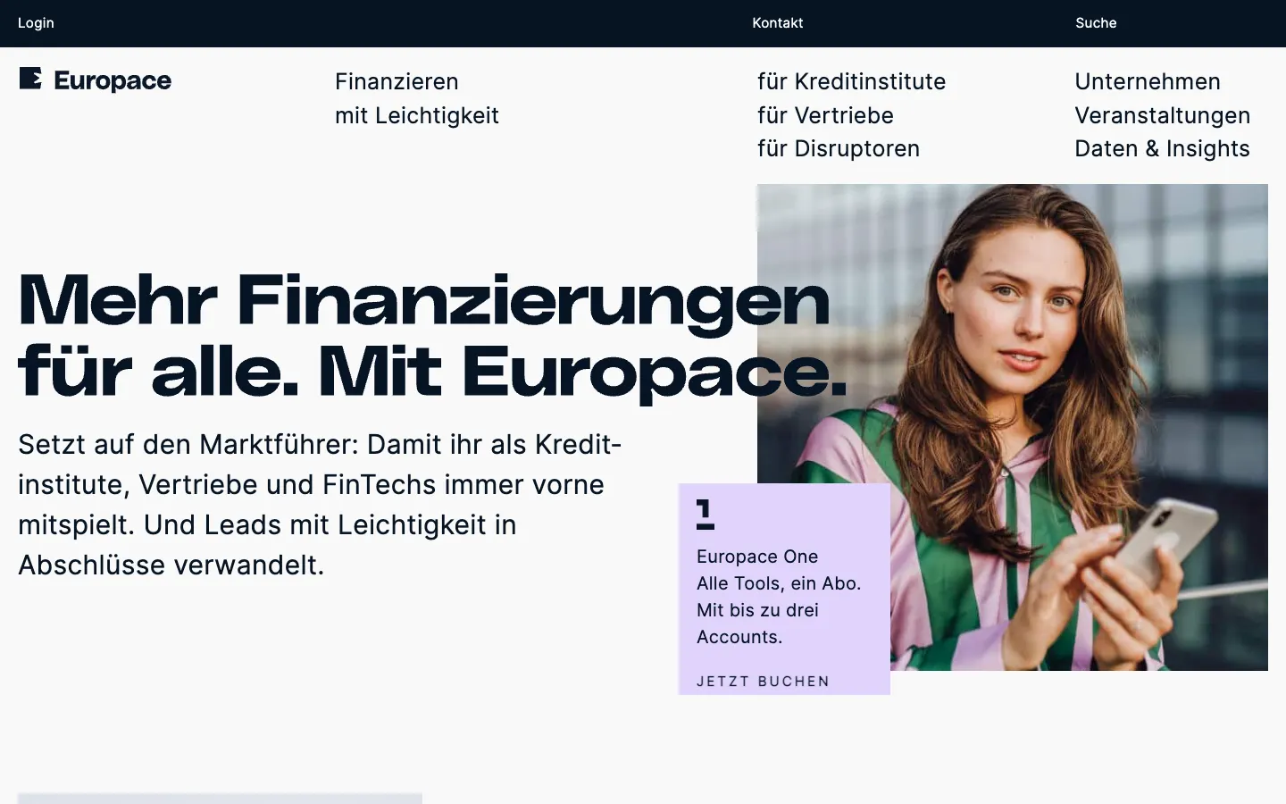 Europace home page: Mehr Finanzierungen für alle, a woman with a phone, the Europace One offer