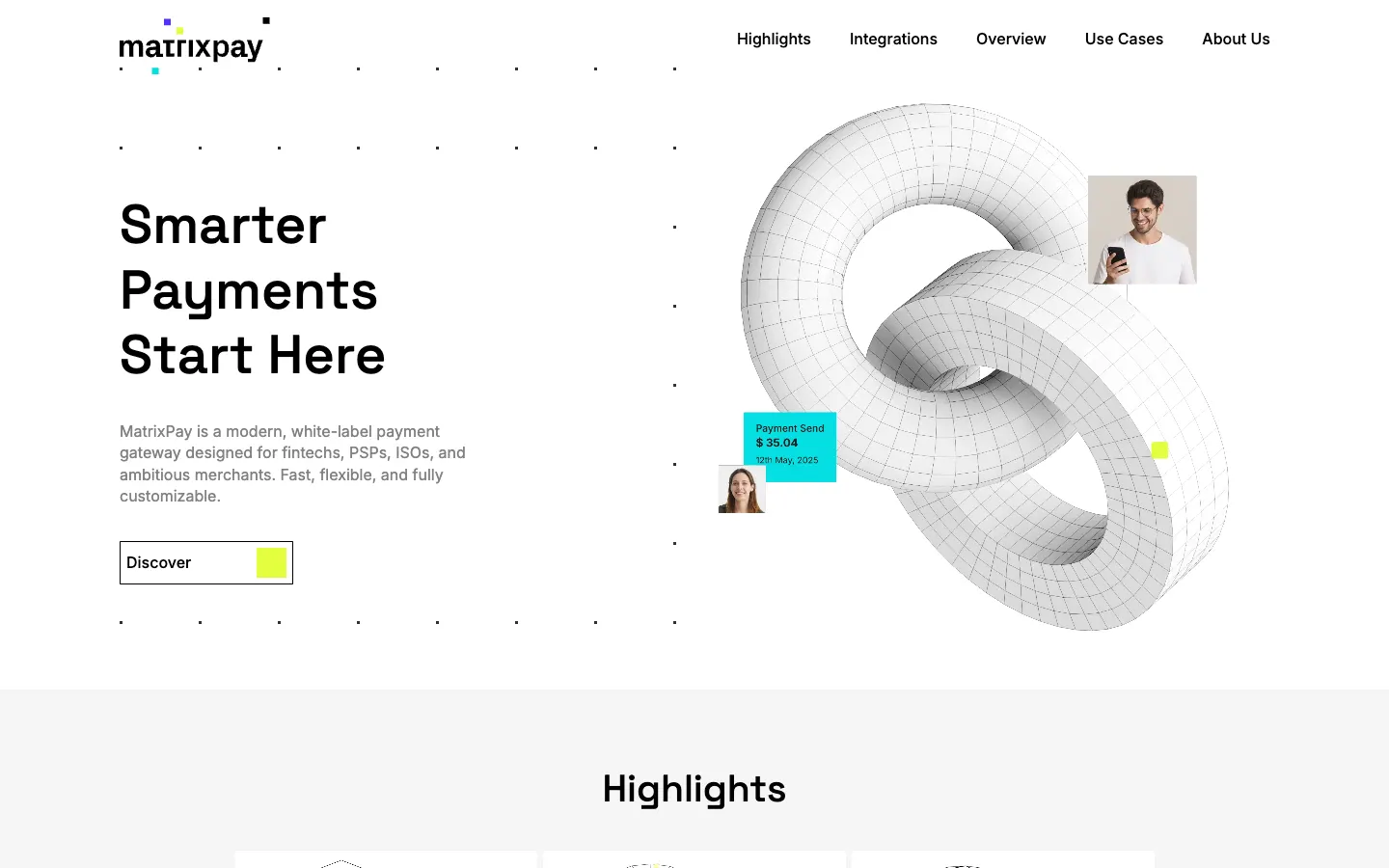 MatrixPay home page: Smarter Payments Start Here, a white 3D chain link