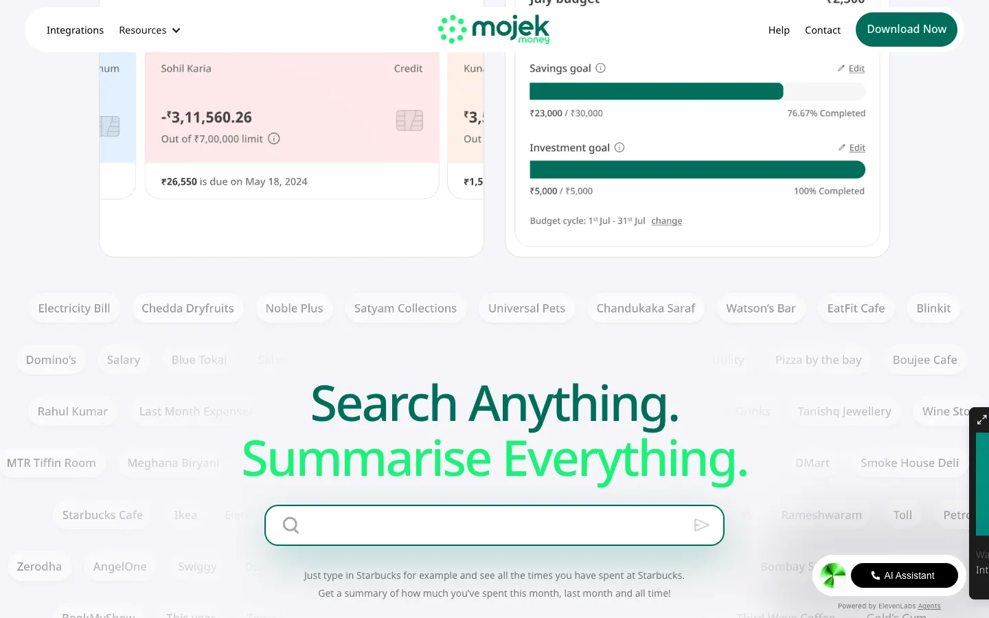 Mojek: Search Anything. Summarise Everything, a search field among merchant names