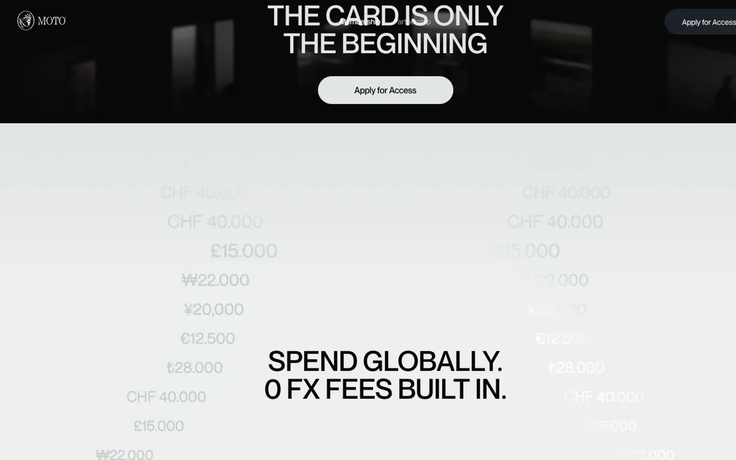 Moto: Spend globally, 0 FX fees built in, amounts in several currencies around the line