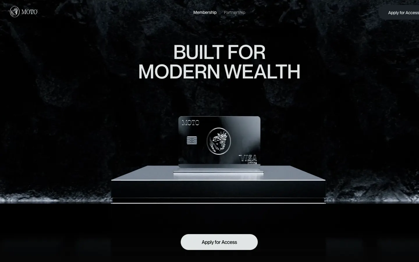 Moto home page: a black metal card on a plinth, Built for modern wealth, Apply for Access