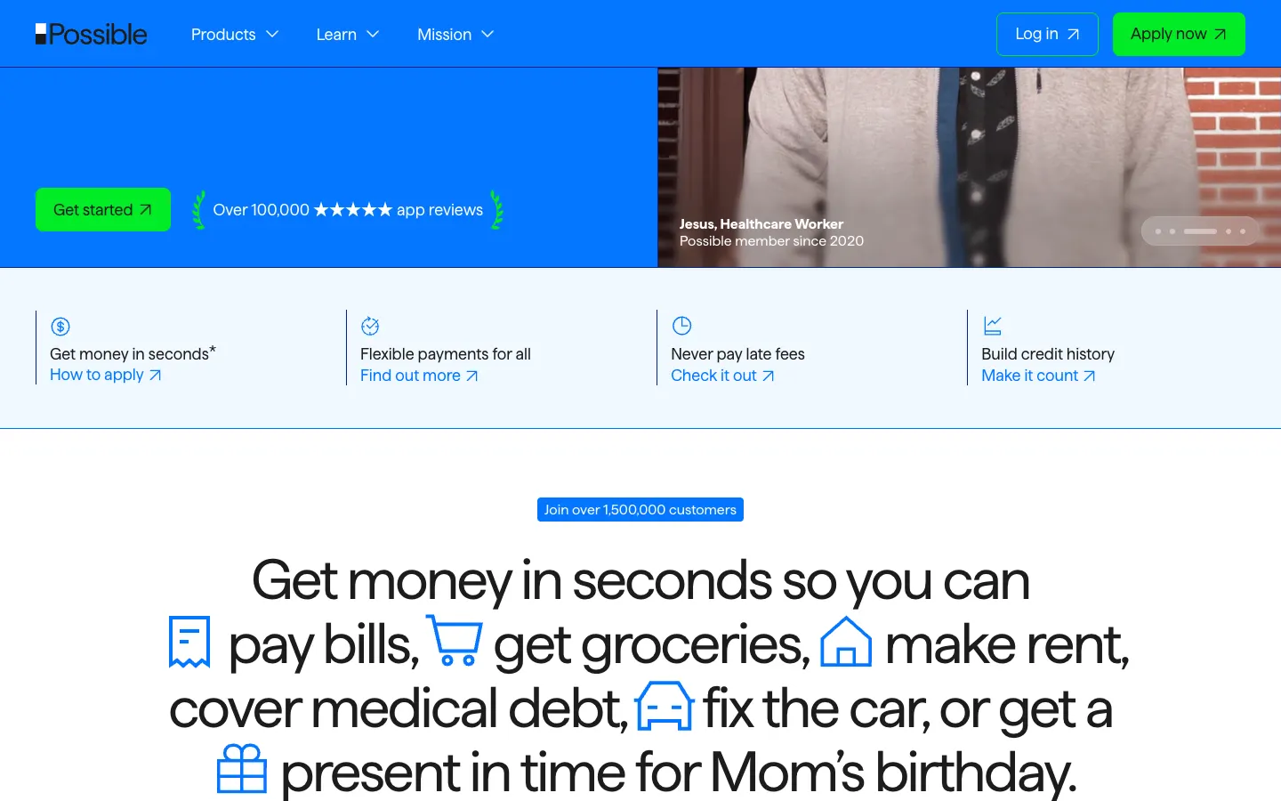 Possible Finance: Get money in seconds so you can pay bills, get groceries, make rent, with small icons in the sentence