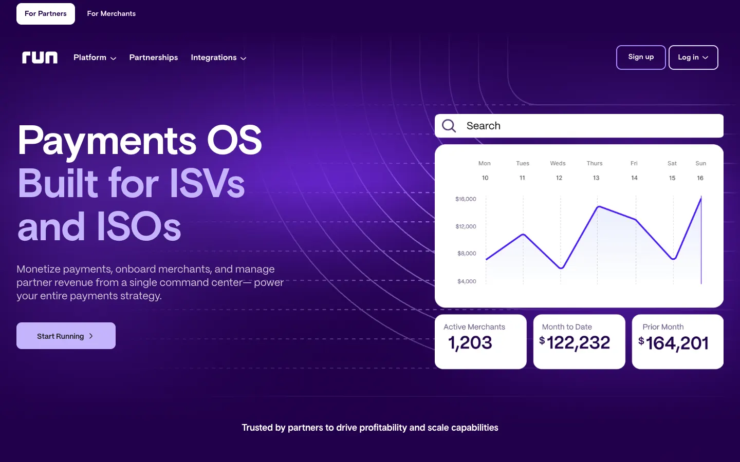 Run Payments home page: Payments OS built for ISVs and ISOs, a dashboard with active merchants and monthly volume